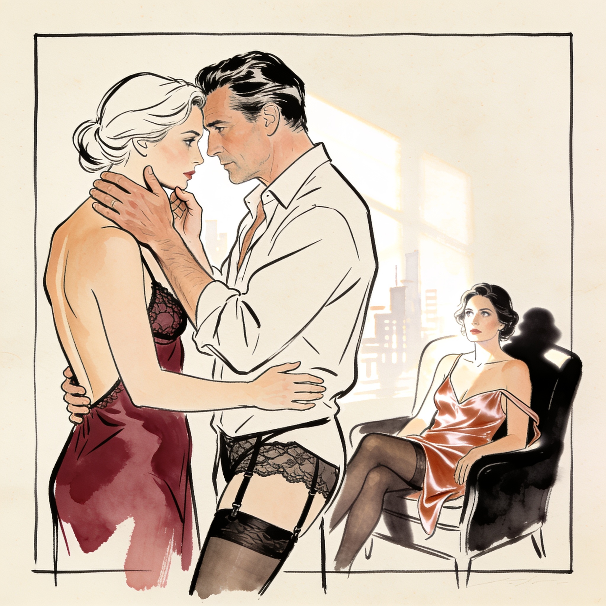A woman watches her husband trace another woman's lip in a moonlit hotel suite.