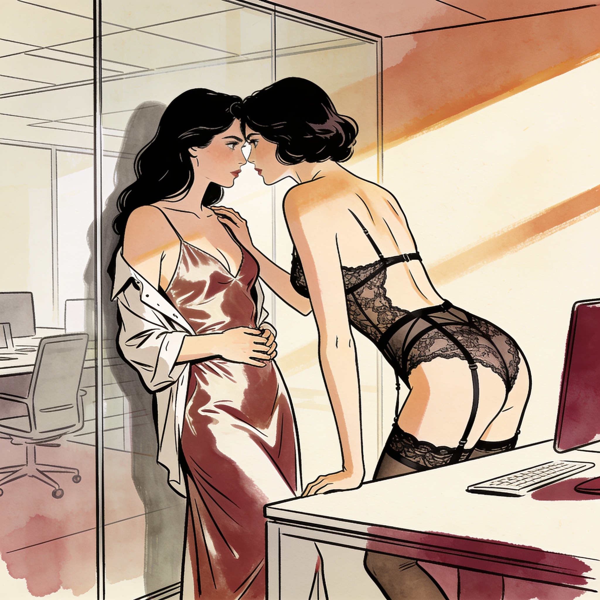 Two women in intimate apparel share a charged, longing gaze across a modern office desk.