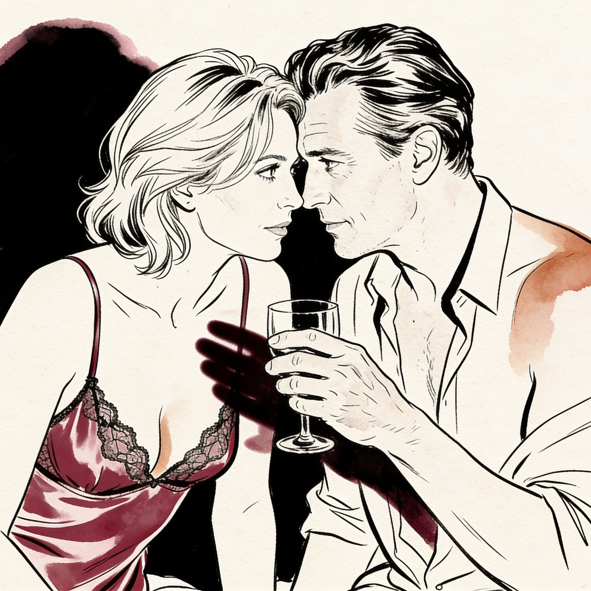 A woman offers a drink to a man, their hands touching as she bends forward.