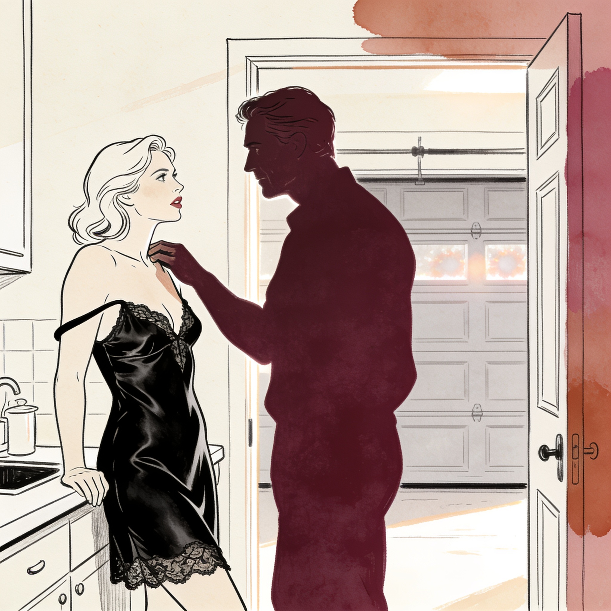 A woman in a slipped silk negligee faces a man at her door, their intense gaze charged ...