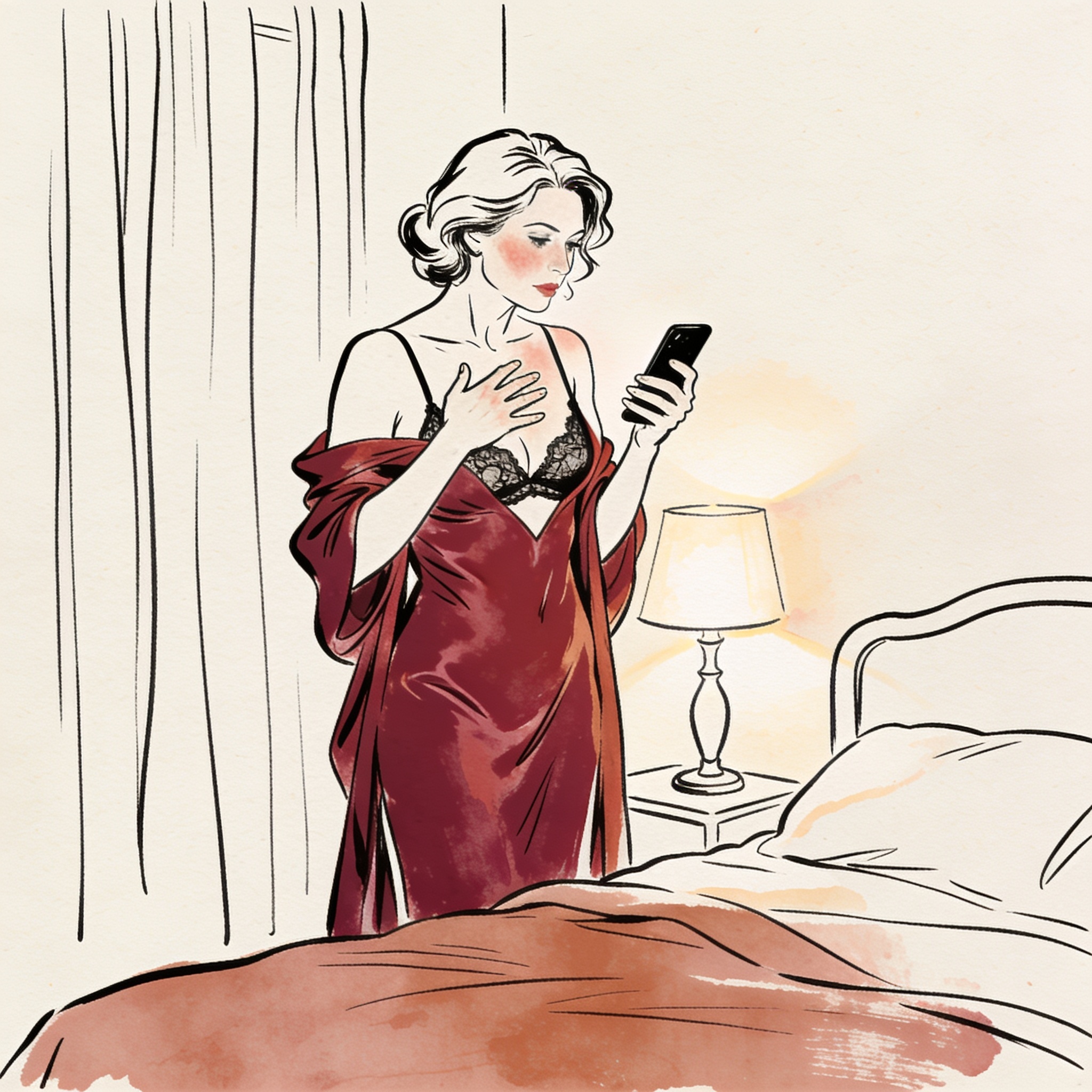 A woman in a red dress looks longingly at her phone, fingers trembling on the silk.