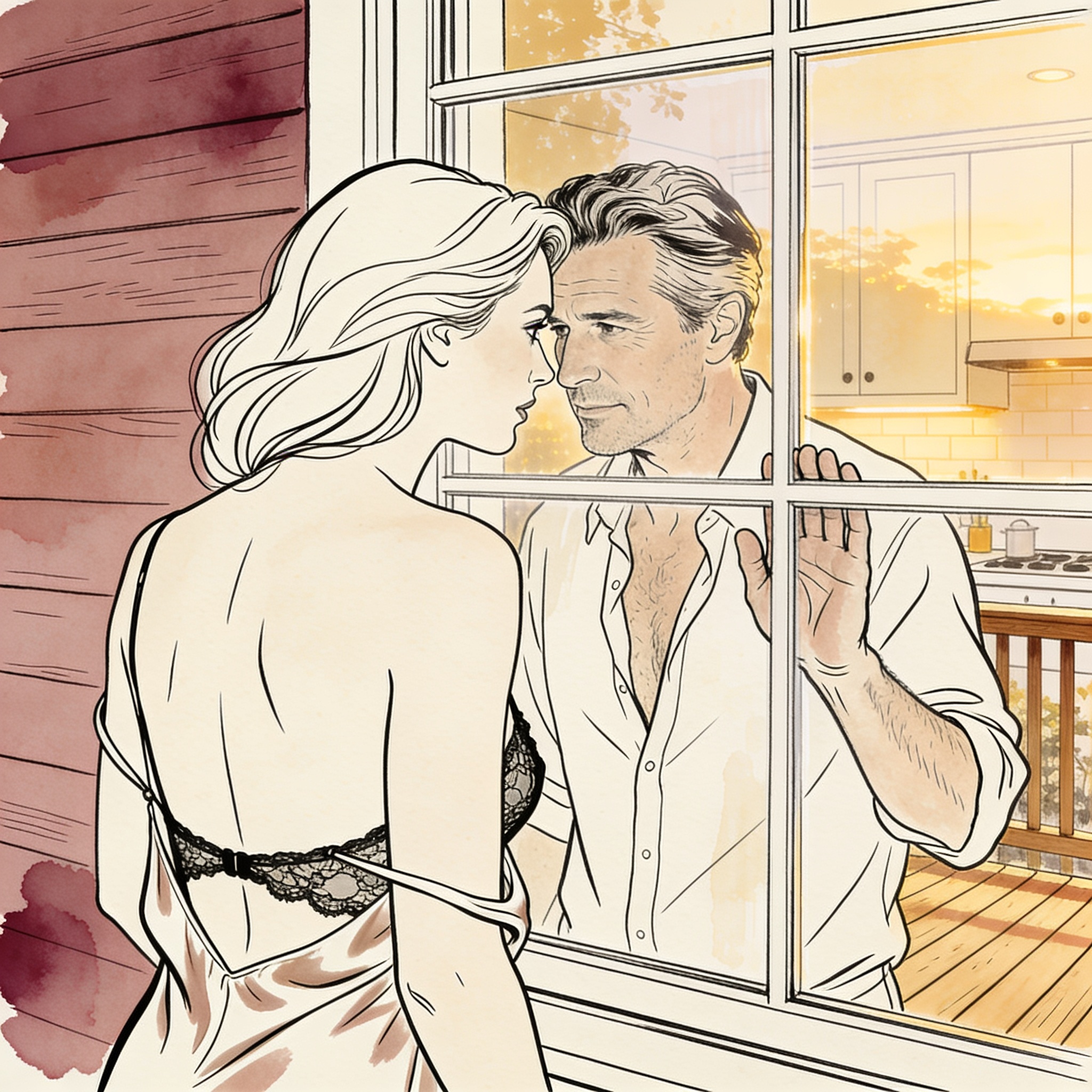 A woman on a deck and a man in a kitchen share a longing gaze through a window at sunset.