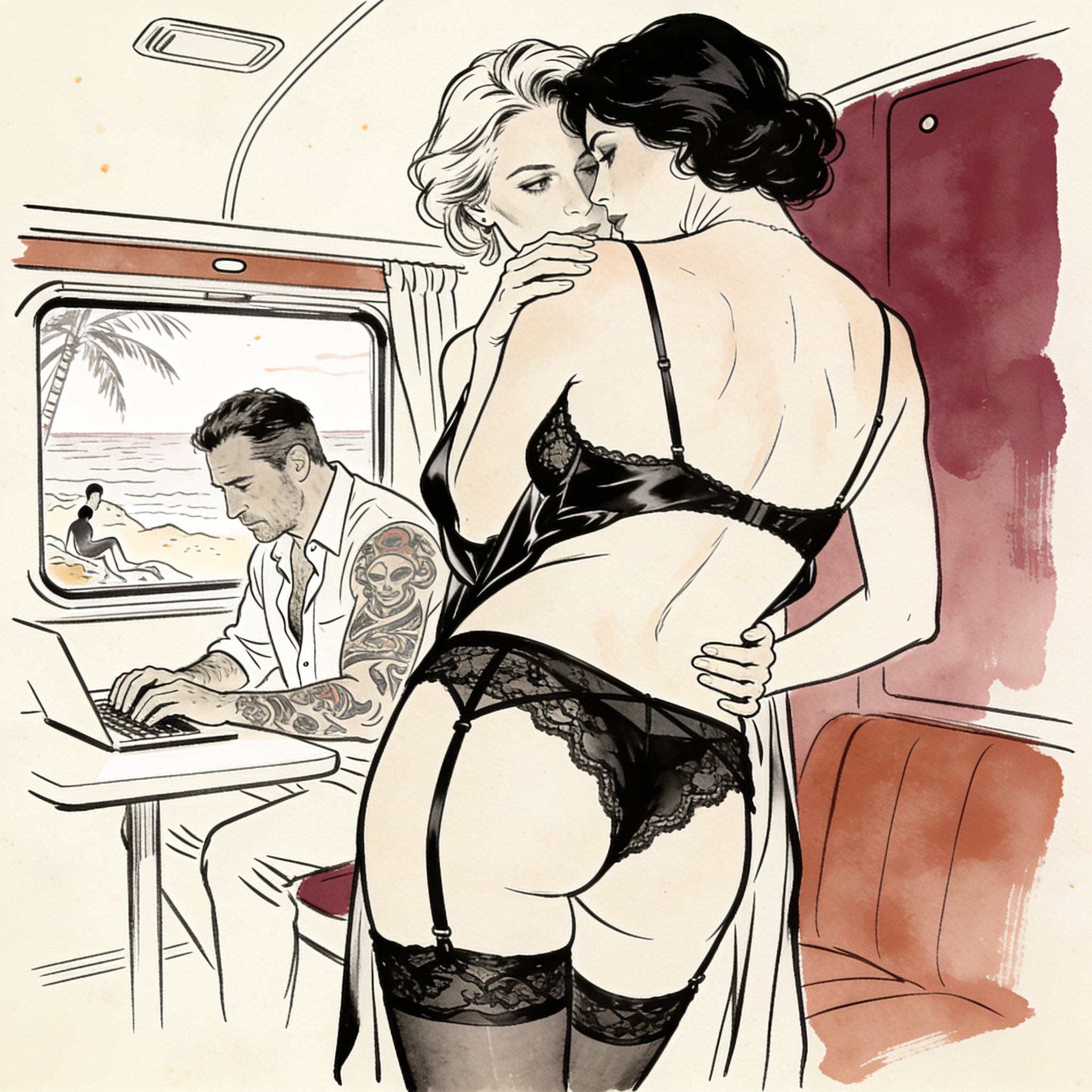 A woman arches her back in a hot mobile home, seen from behind, as a stranger watches f...