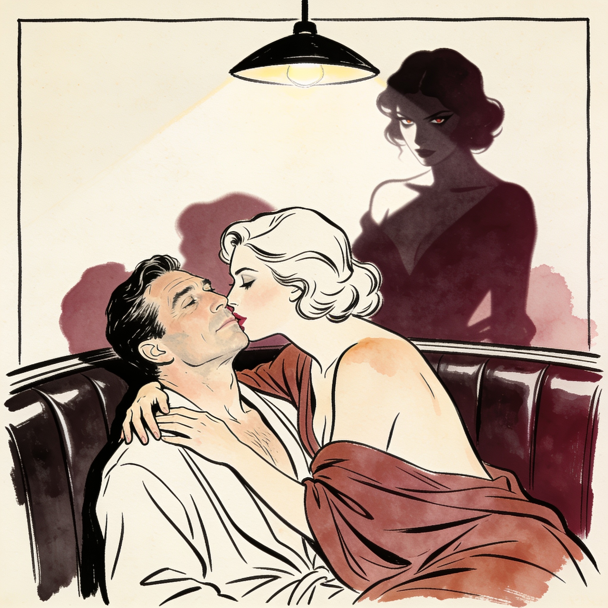 Two women in elegant dresses corner a man in a dim bar booth, whispering intimately.