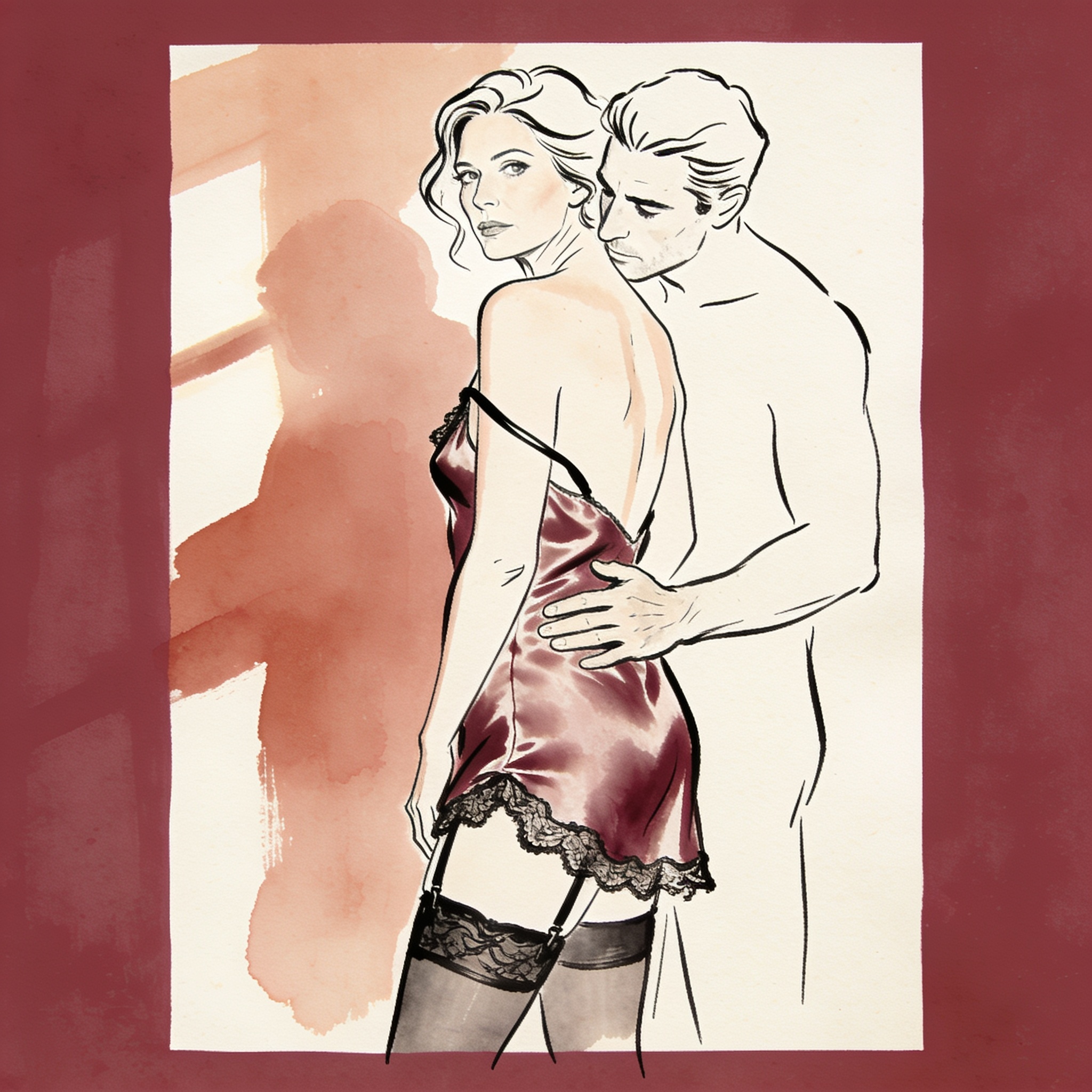 A man touches a woman's bare shoulder in a sunlit study, both in modern intimate wear.