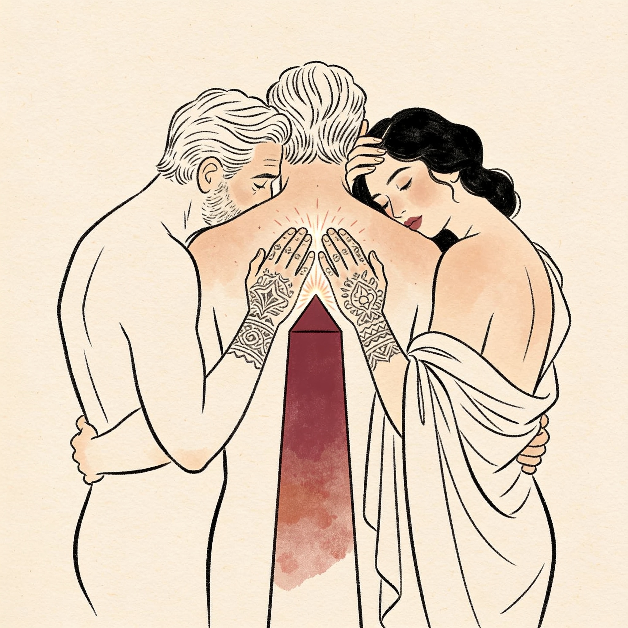 Three tattooed figures embrace, hands on a glowing stone, sharing an intimate, charged ...