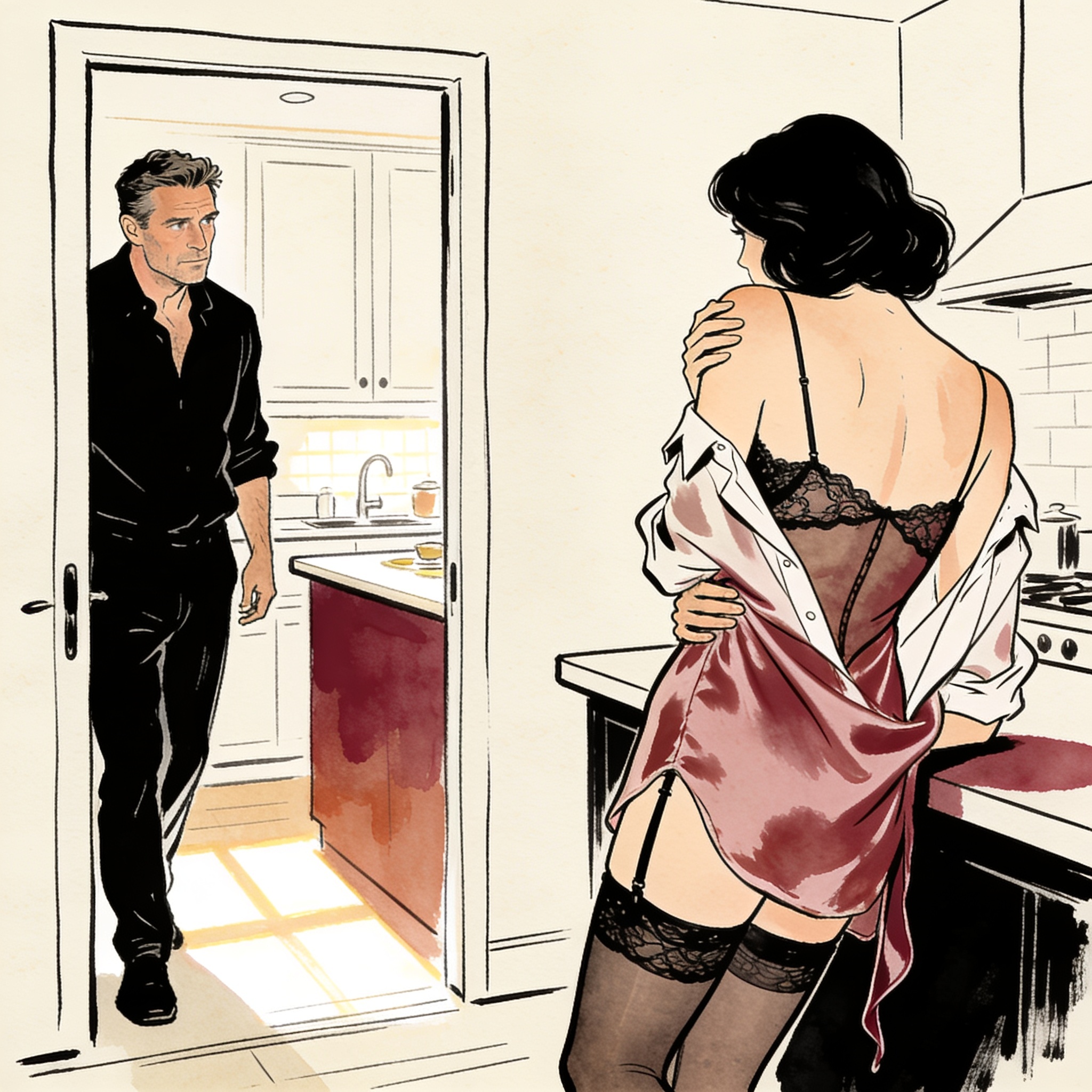 Man watches a woman in a silk slip, her shoulder bare, from a sunlit kitchen doorway.