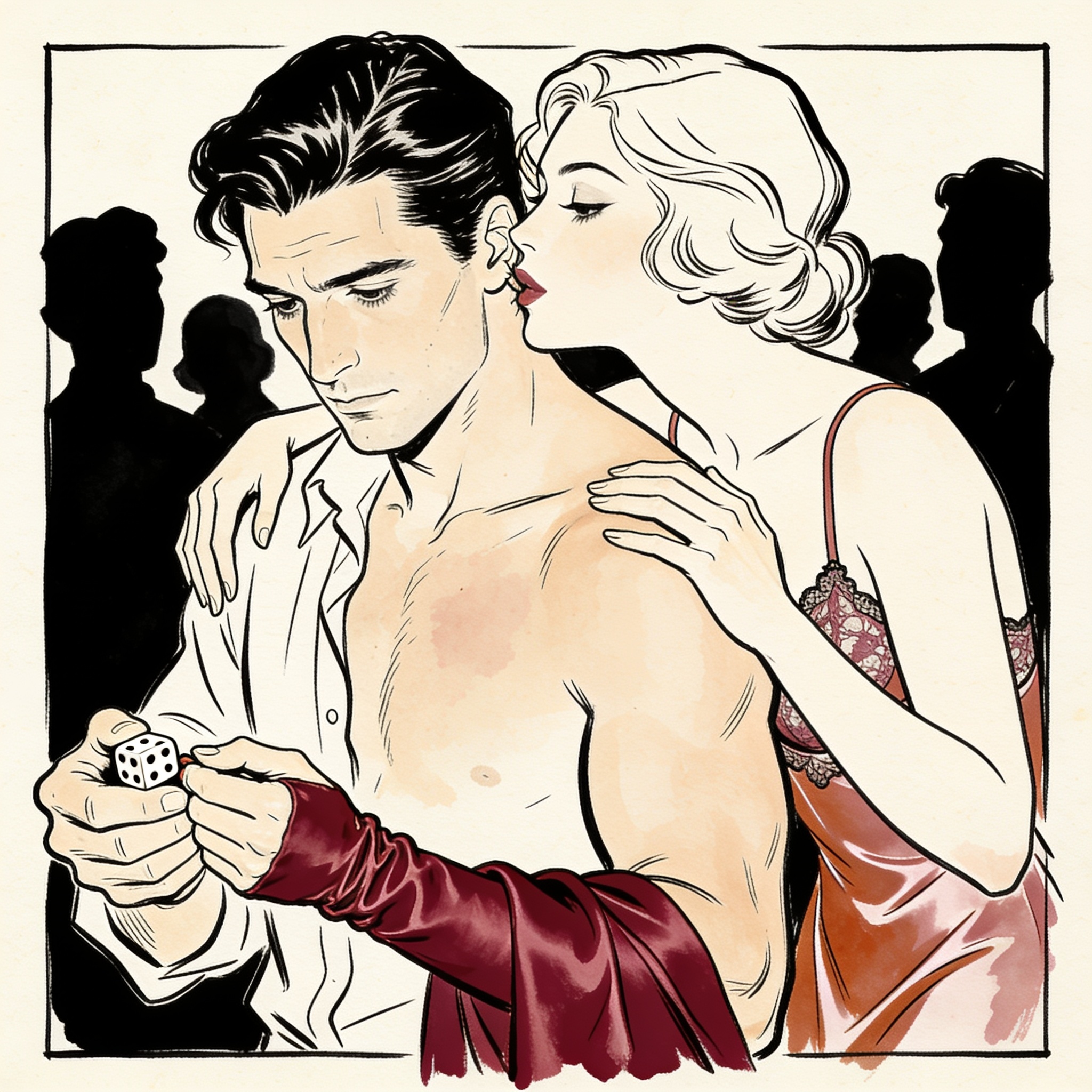 A woman in red silk guides a man's hand holding dice, her lips near his ear.