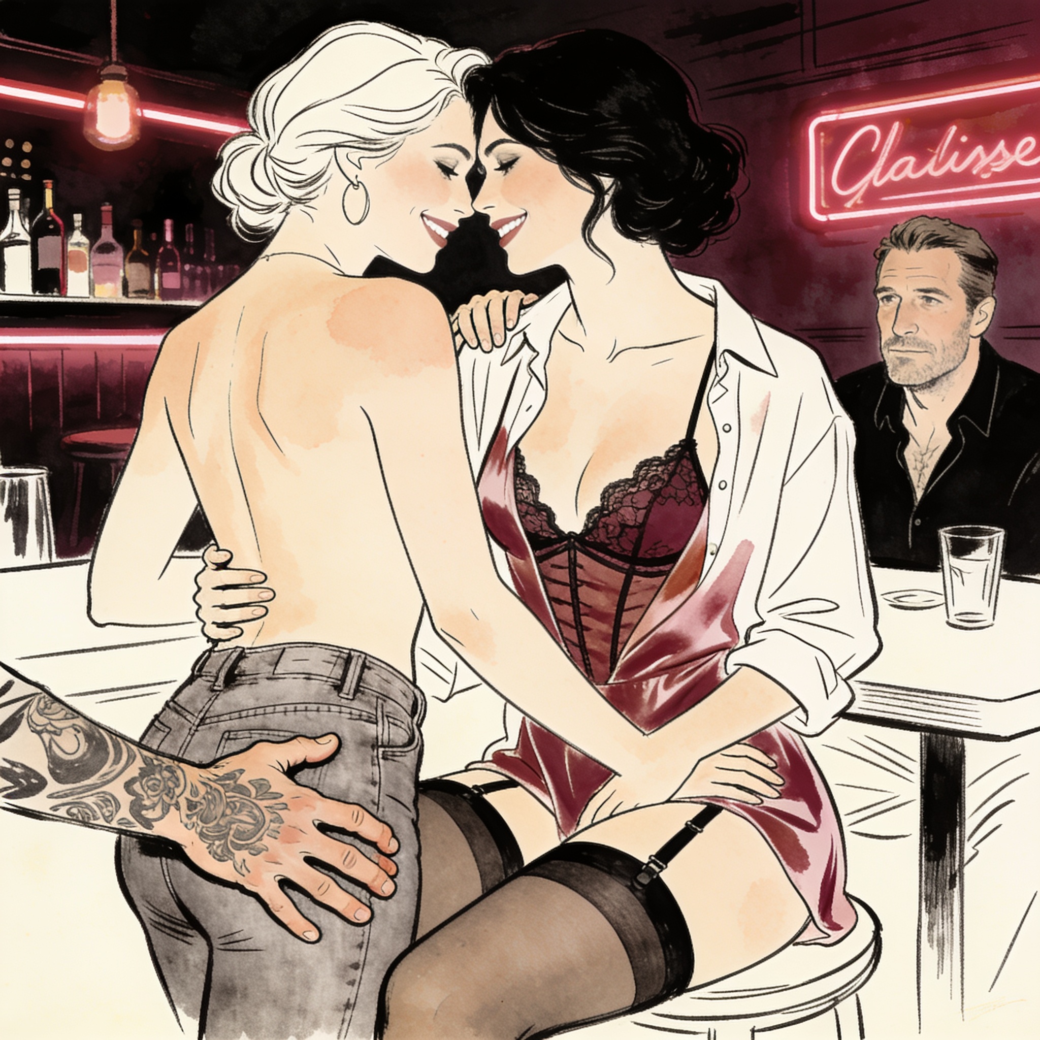 Line art of a man's hand on a woman's thigh in a dark bar, a third person watches.