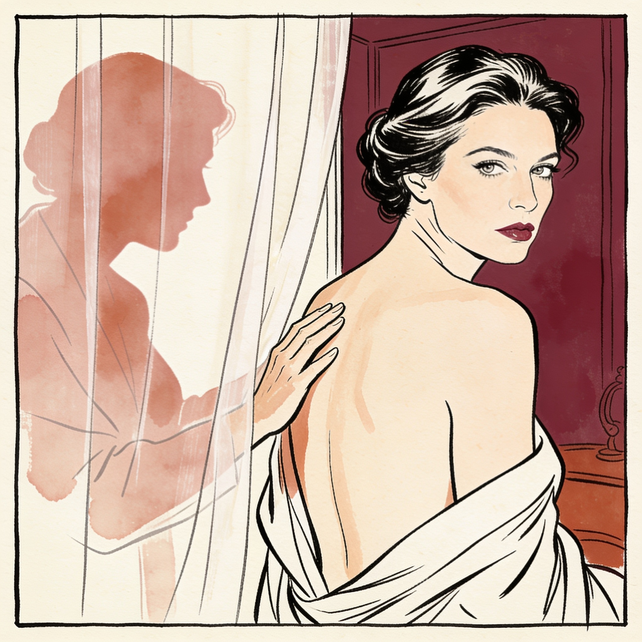 A woman gazes through a sheer screen as a hand traces her bare back.