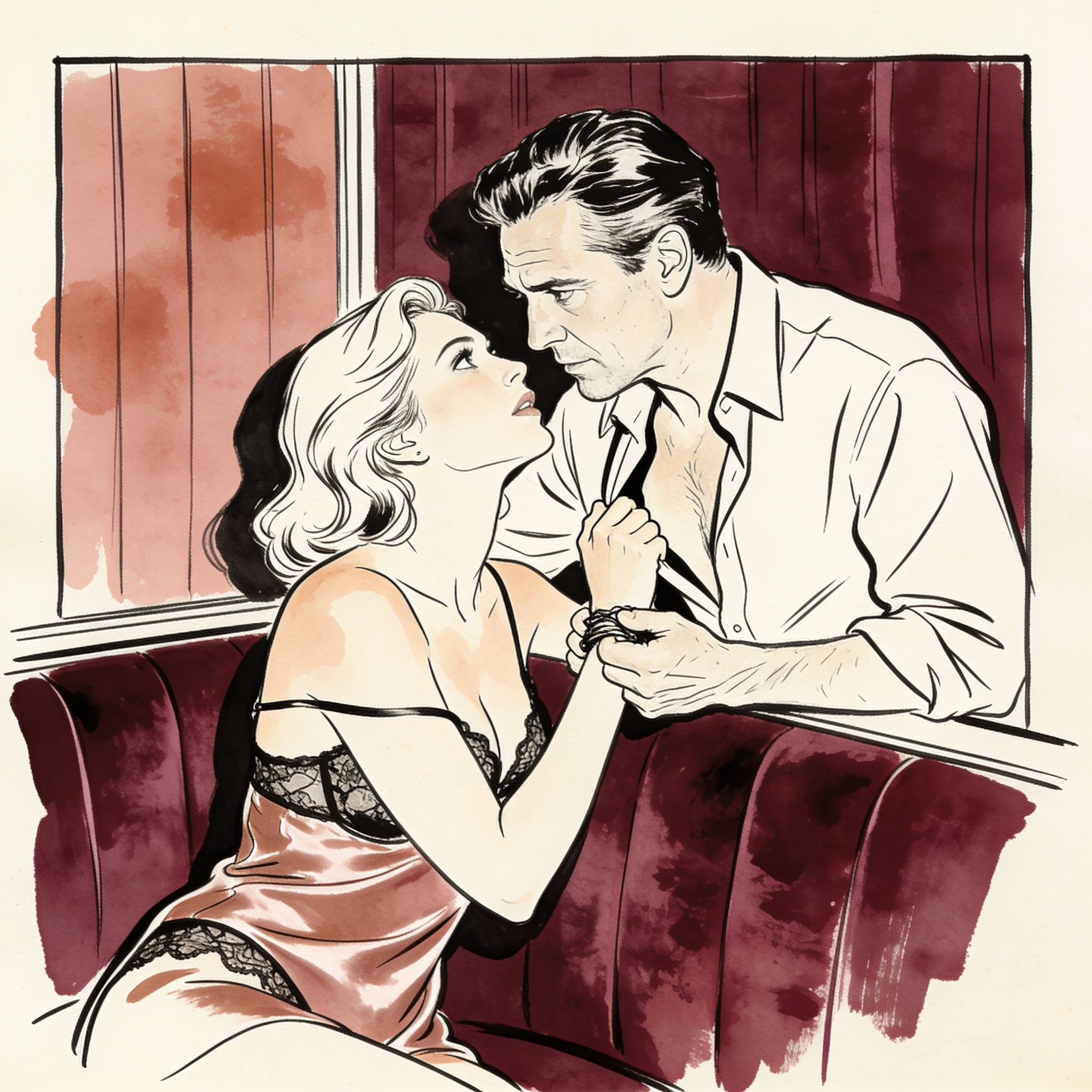 A couple in a tense, intimate moment in a dimly lit booth.