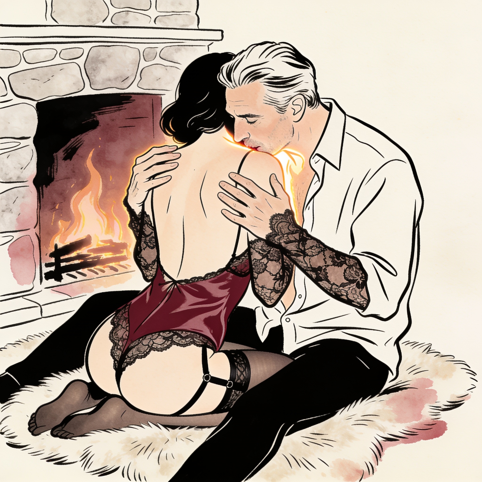 Couple embracing on a rug by a fireplace, he kisses her shoulder, her back bare.