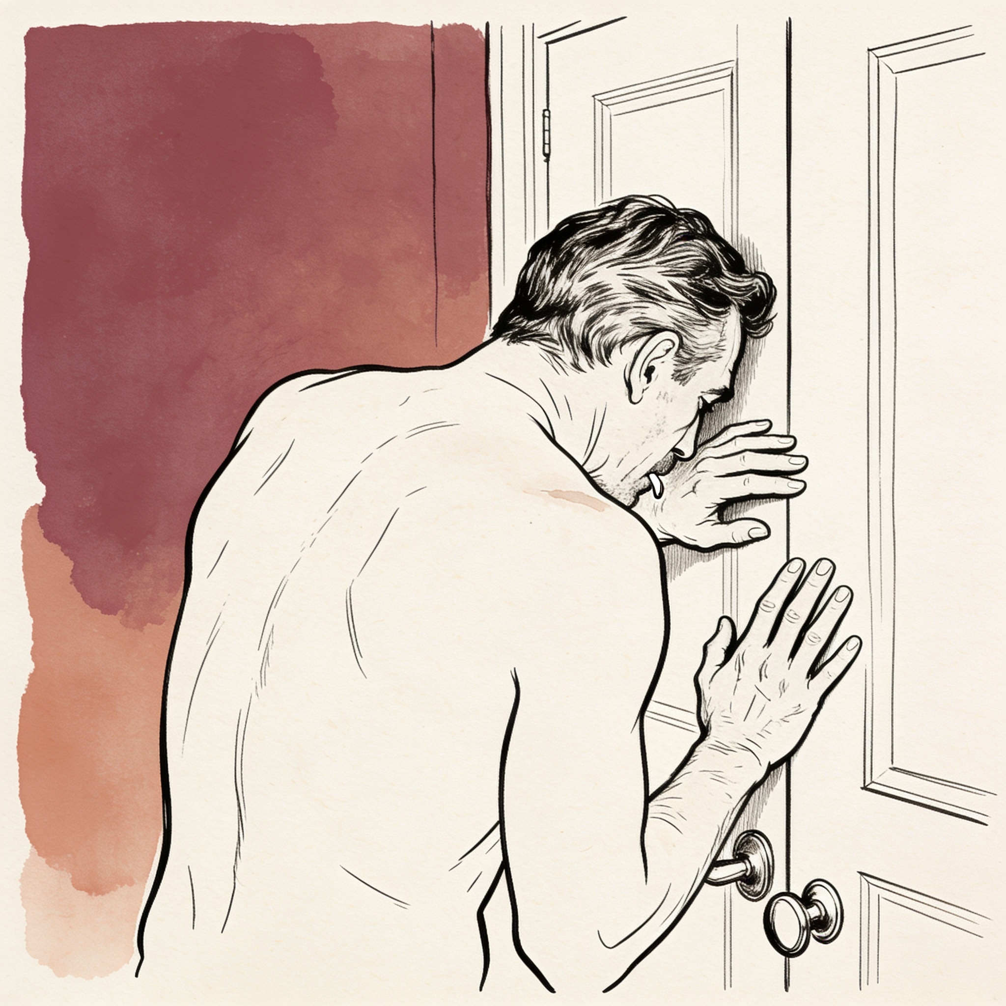 A man pauses outside a bedroom door, his body tense with anticipation.