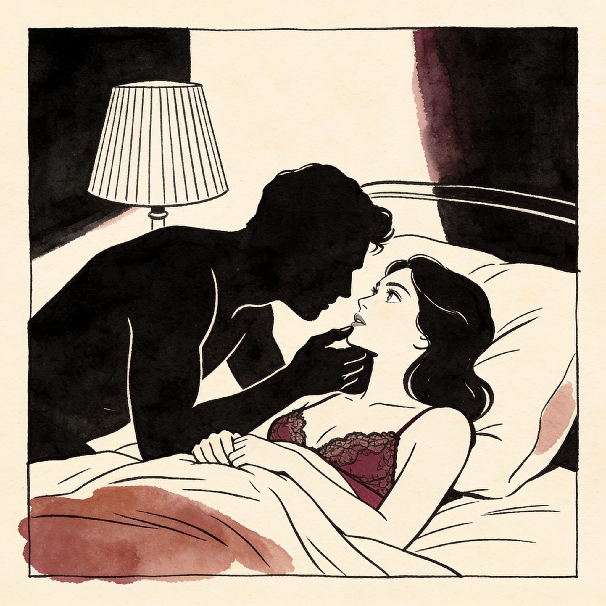 Man holds a woman's face close in a dim, striped-light bedroom.