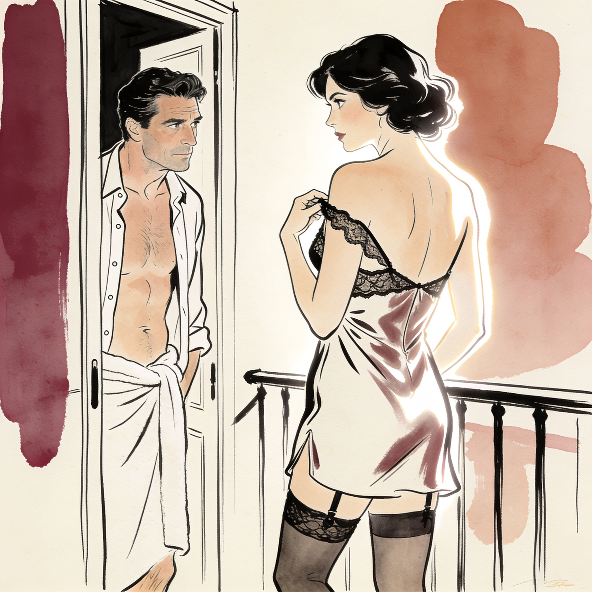 A man watches a woman in a slip on a moonlit balcony, their gazes intense.