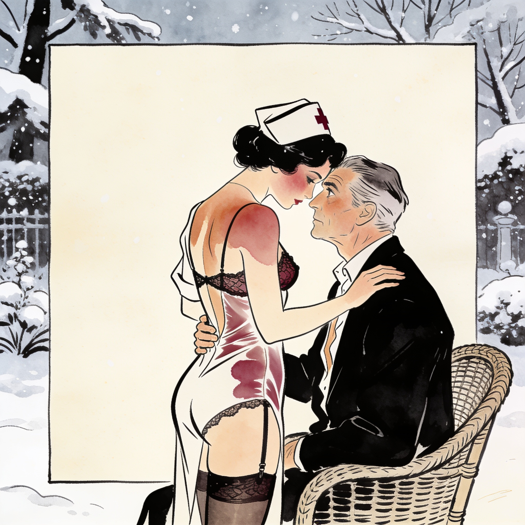A young nurse blushes as a seated older man watches her intently in a sunlit conservatory.