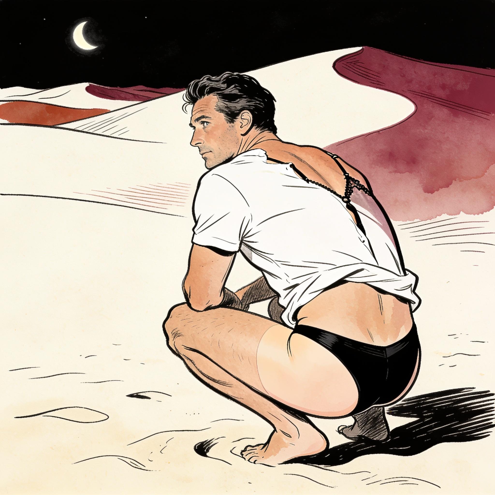 A lone figure on a beach, backlit by moonlight, with shirt riding up.