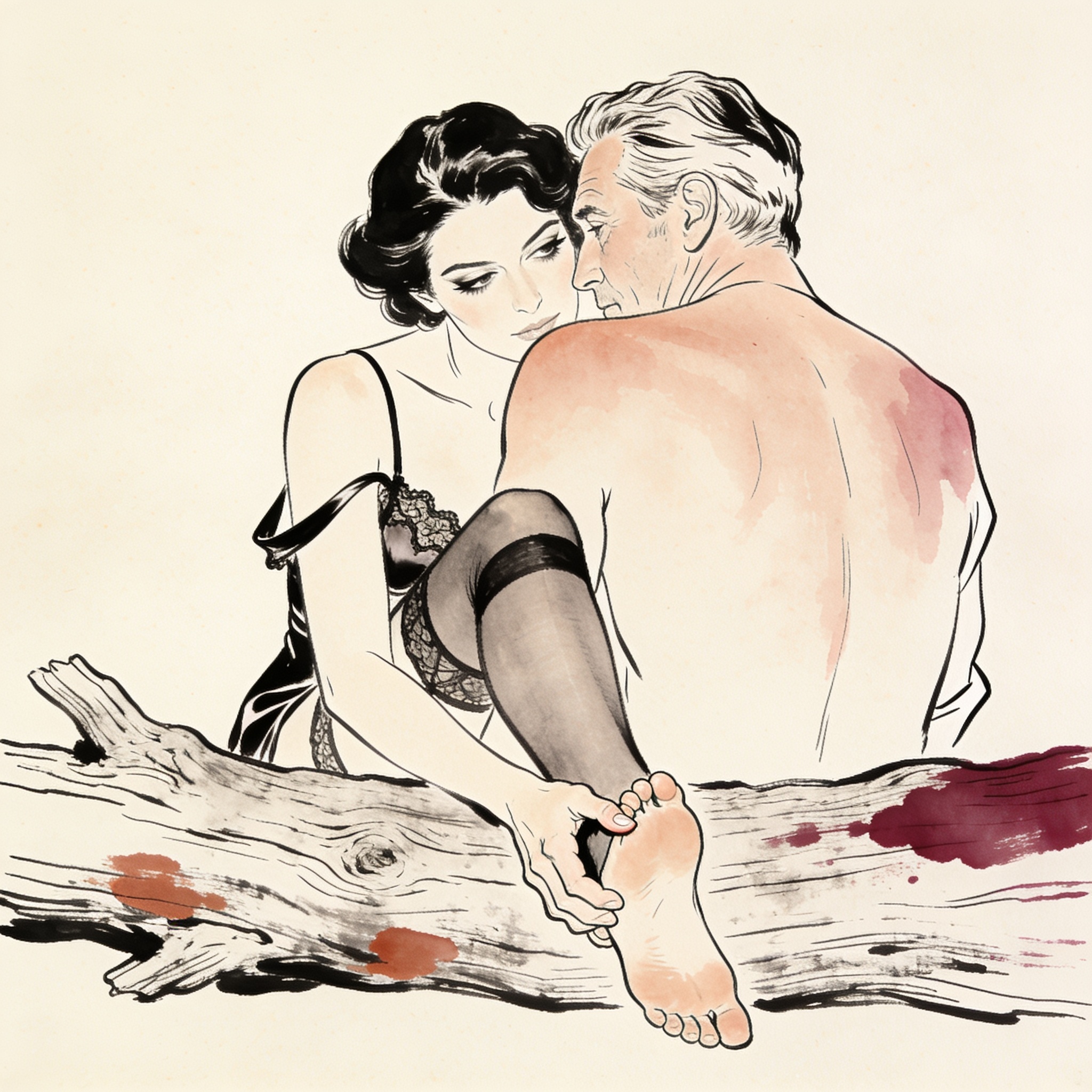 Woman's foot held in man's hand, intimate gaze and beach setting.