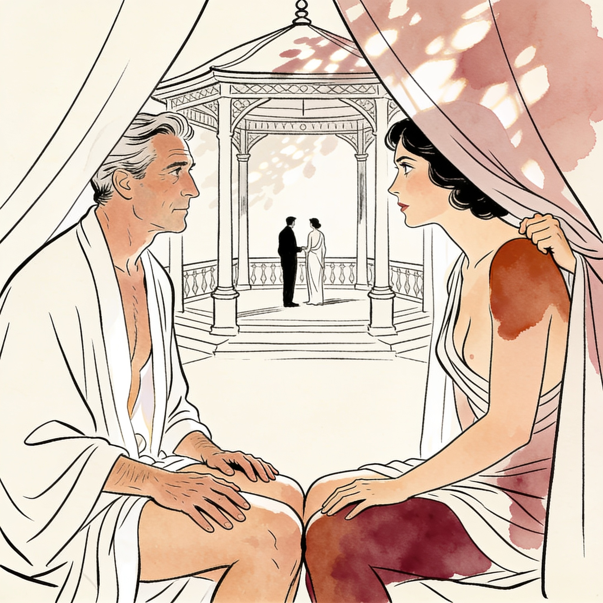 Illustration of two couples in a private outdoor massage pavilion, sharing intimate gla...
