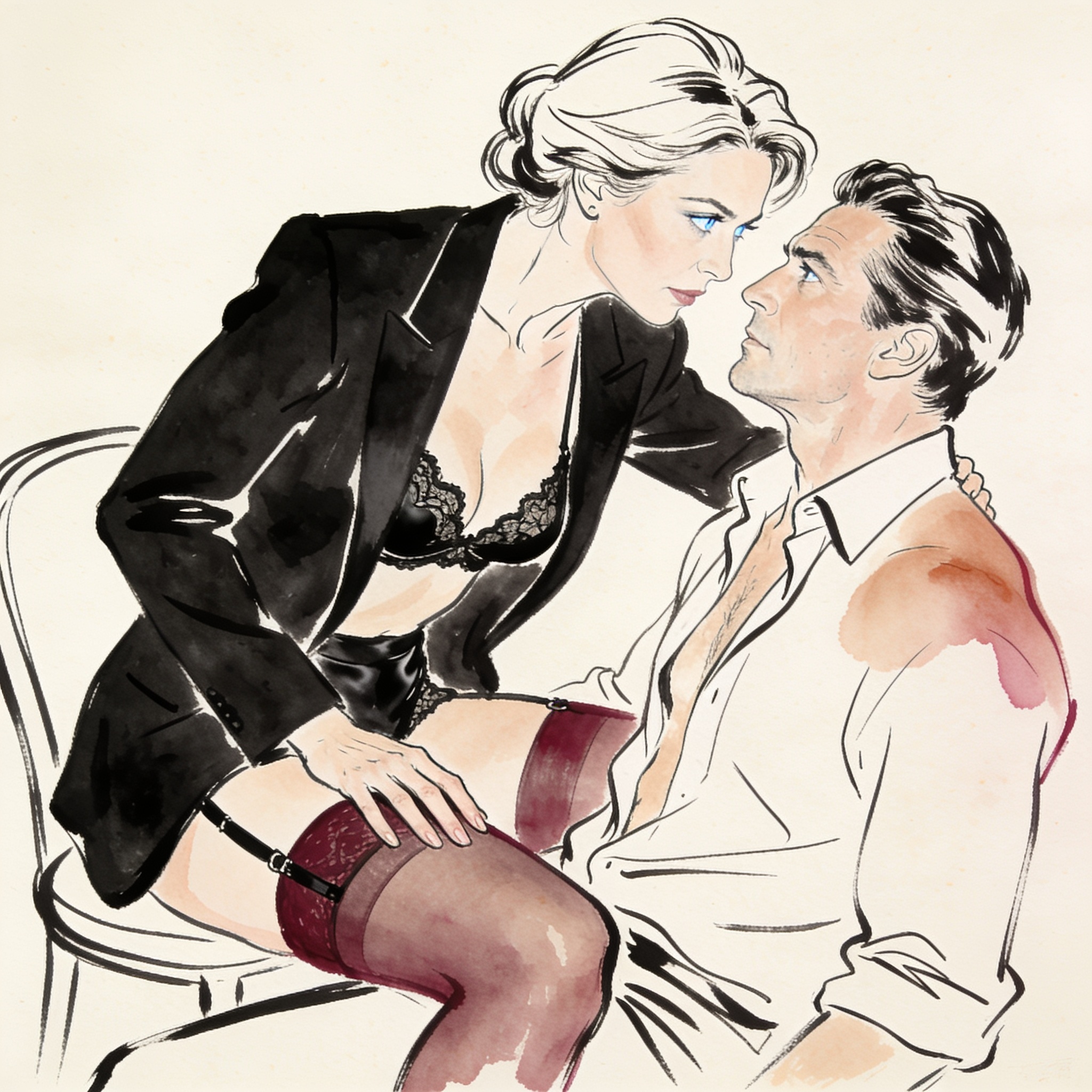 A dominant woman in a suit leans toward a tense man in a stark room, a charged moment o...