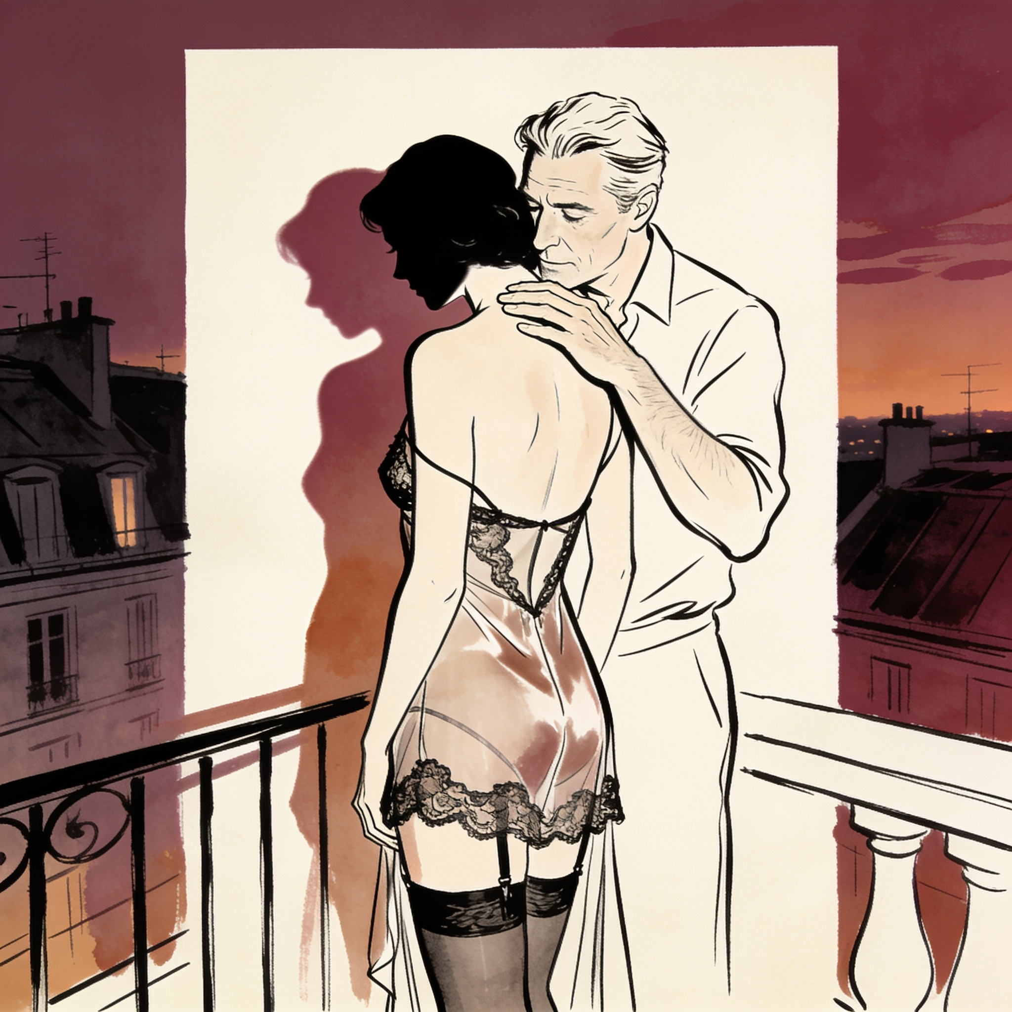Intimate moment on a rooftop at dusk, a man's hand on a woman's bare shoulder.