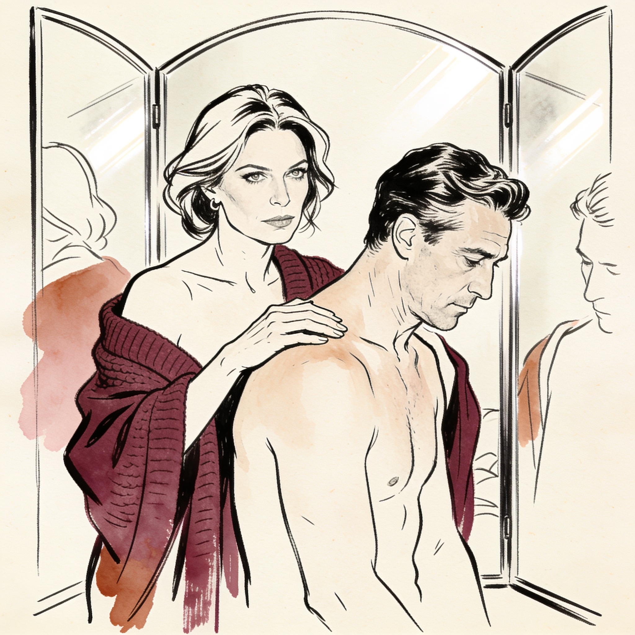 A dominant woman adjusts a delicate sweater on a man's shoulder, their intense gaze mee...