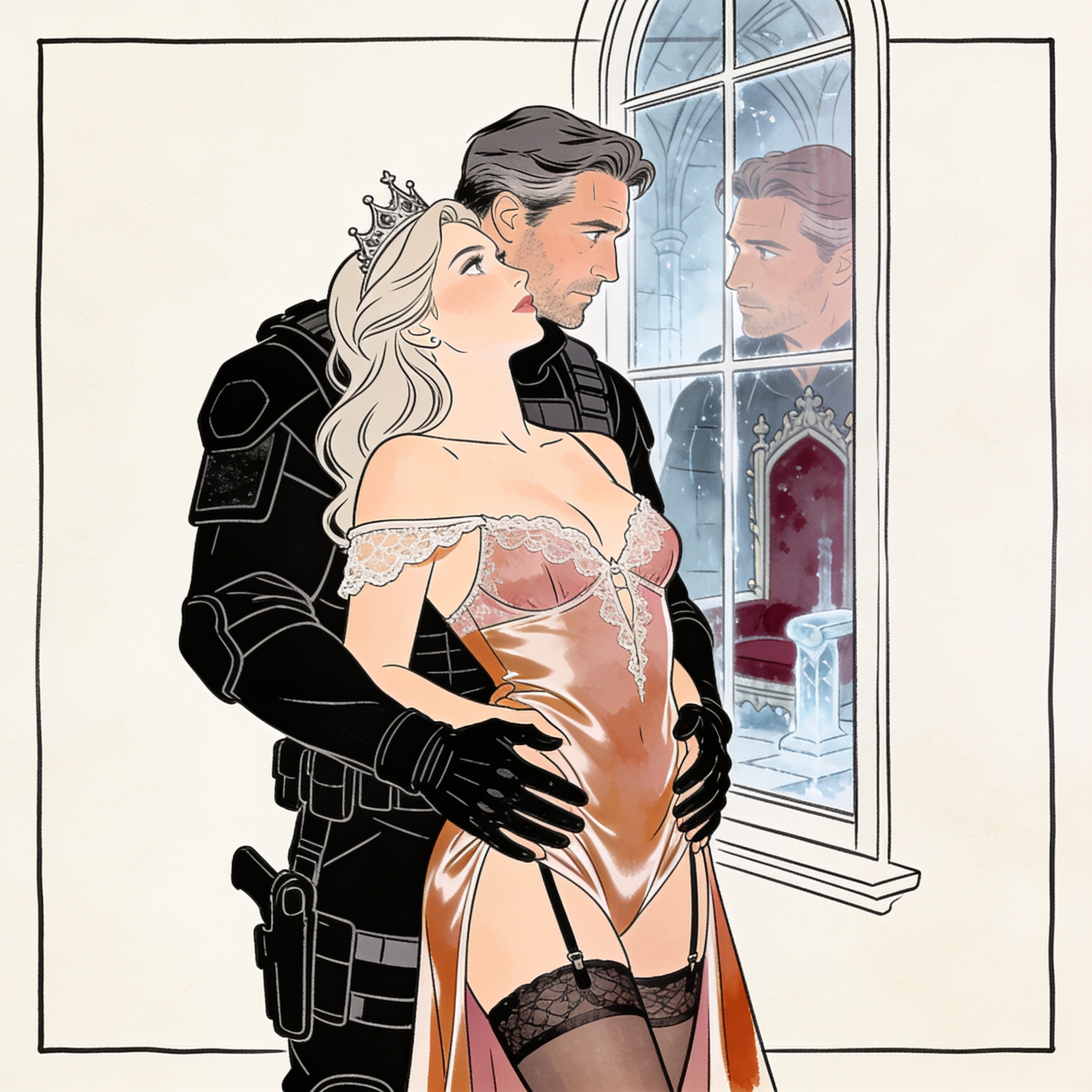 A man holds a woman from behind in a palace, their intense reflection visible in a larg...