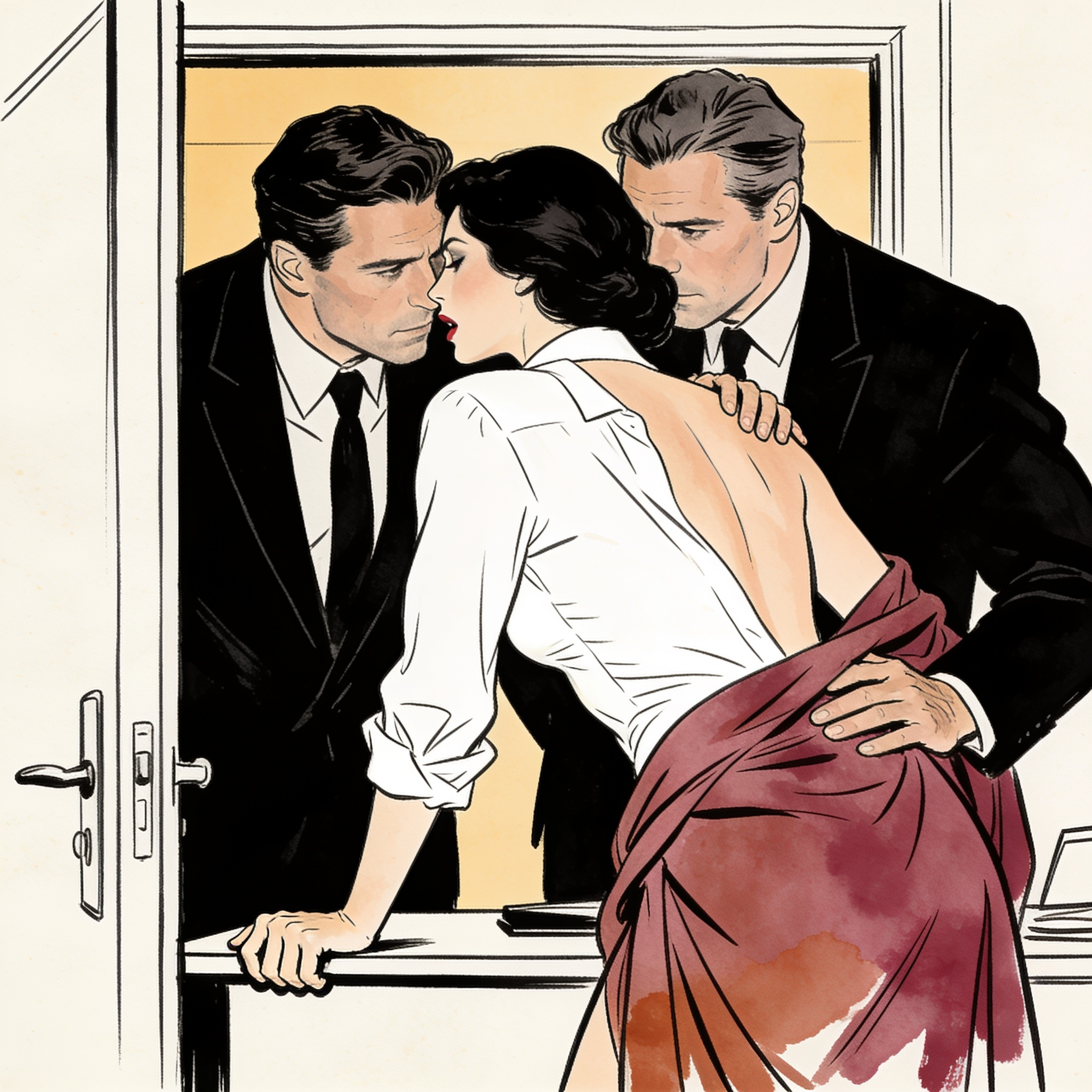 A woman in a strained white blouse leans back against a desk, watched intently by two m...