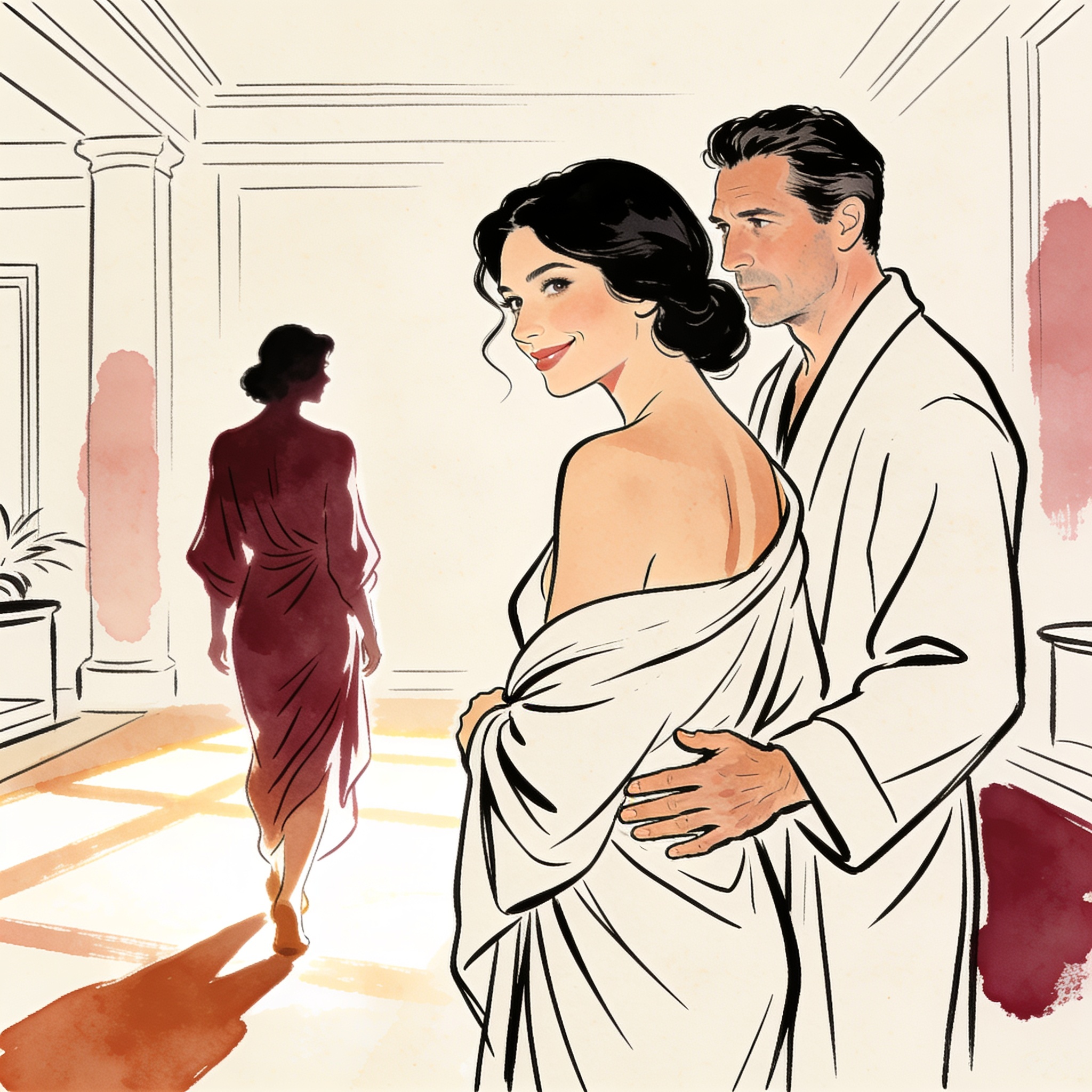 Couple watches a woman walk away, a charged look of possibility passing between all three.