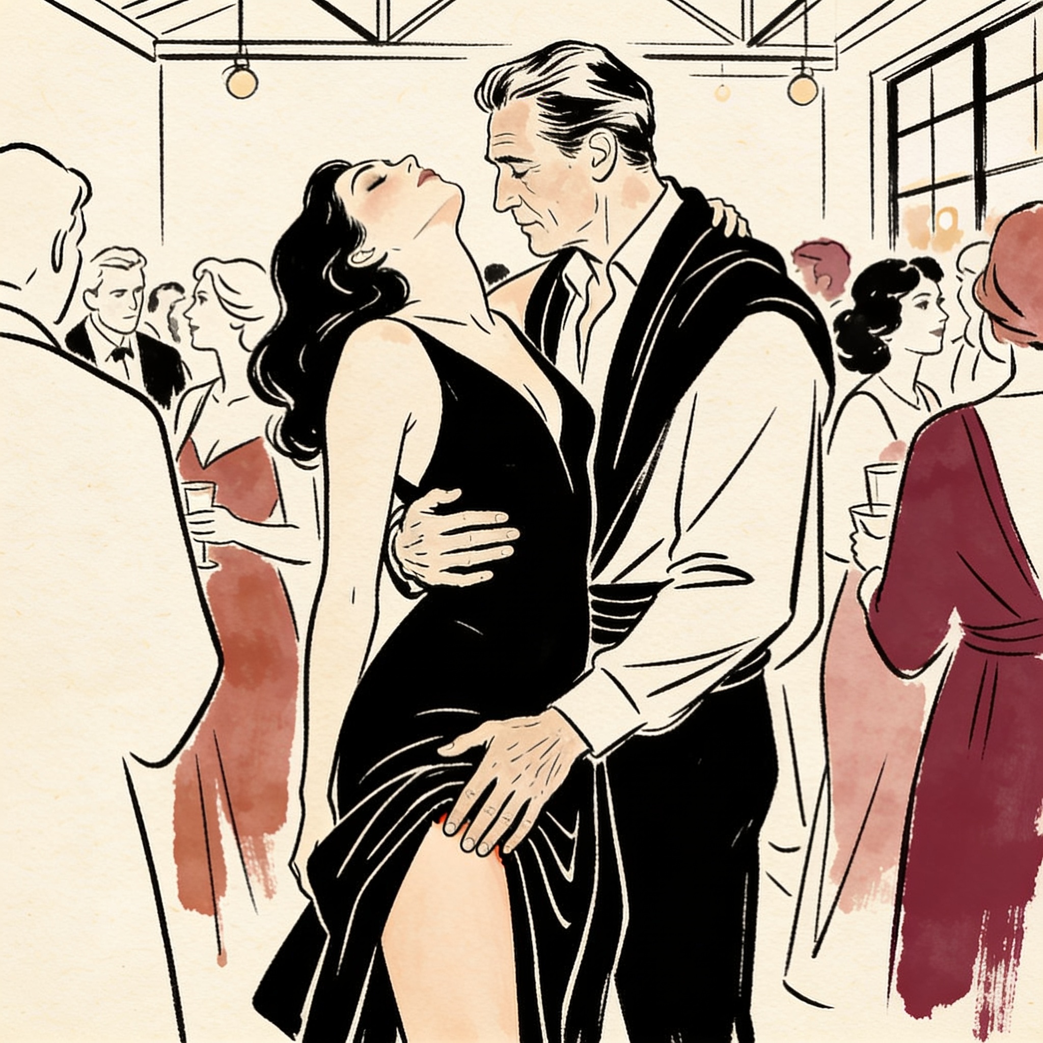 A woman leans back into a stranger's embrace at a crowded party, eyes closed.