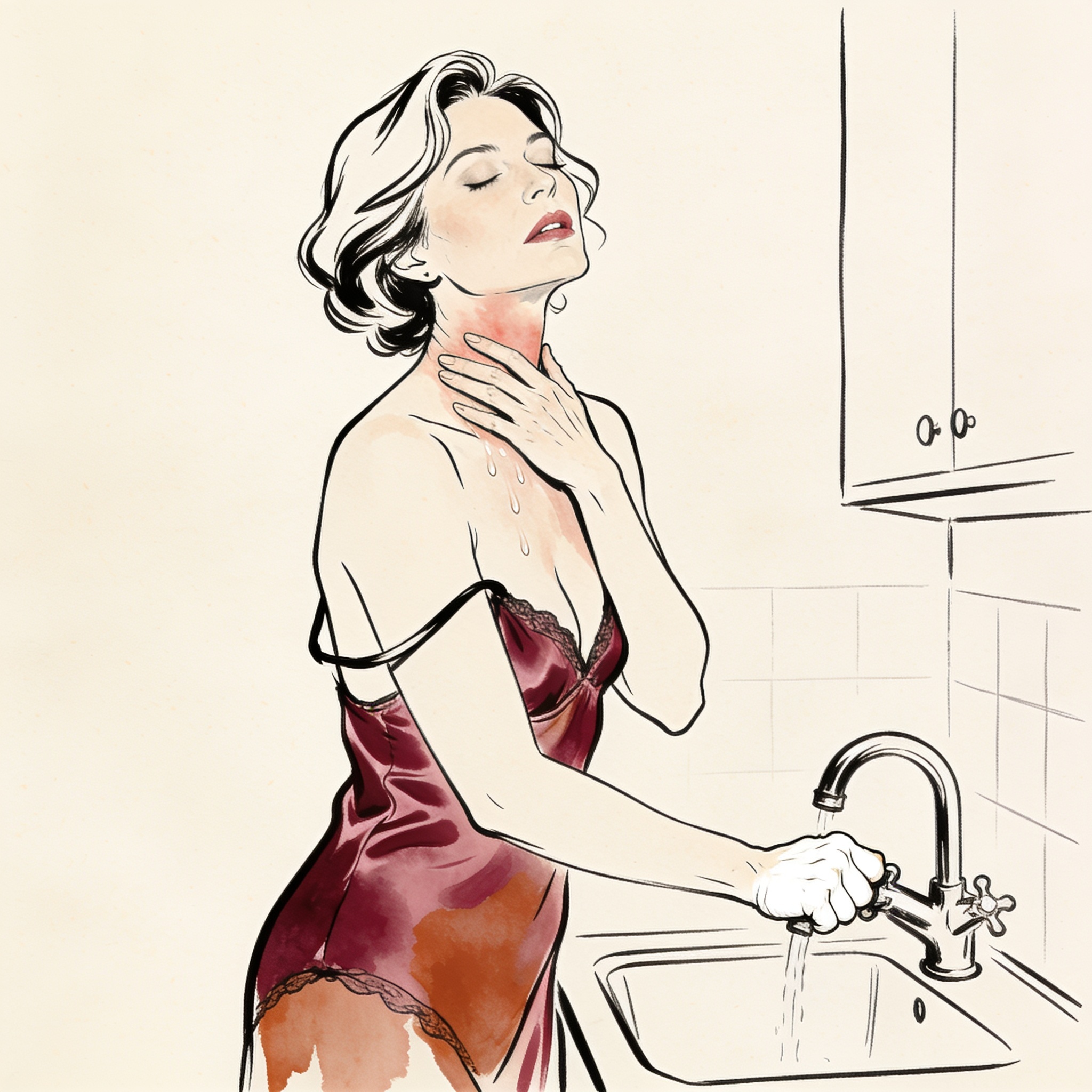 Woman in silk camisole at a sink, hand on her chest, face flushed with internal desire.