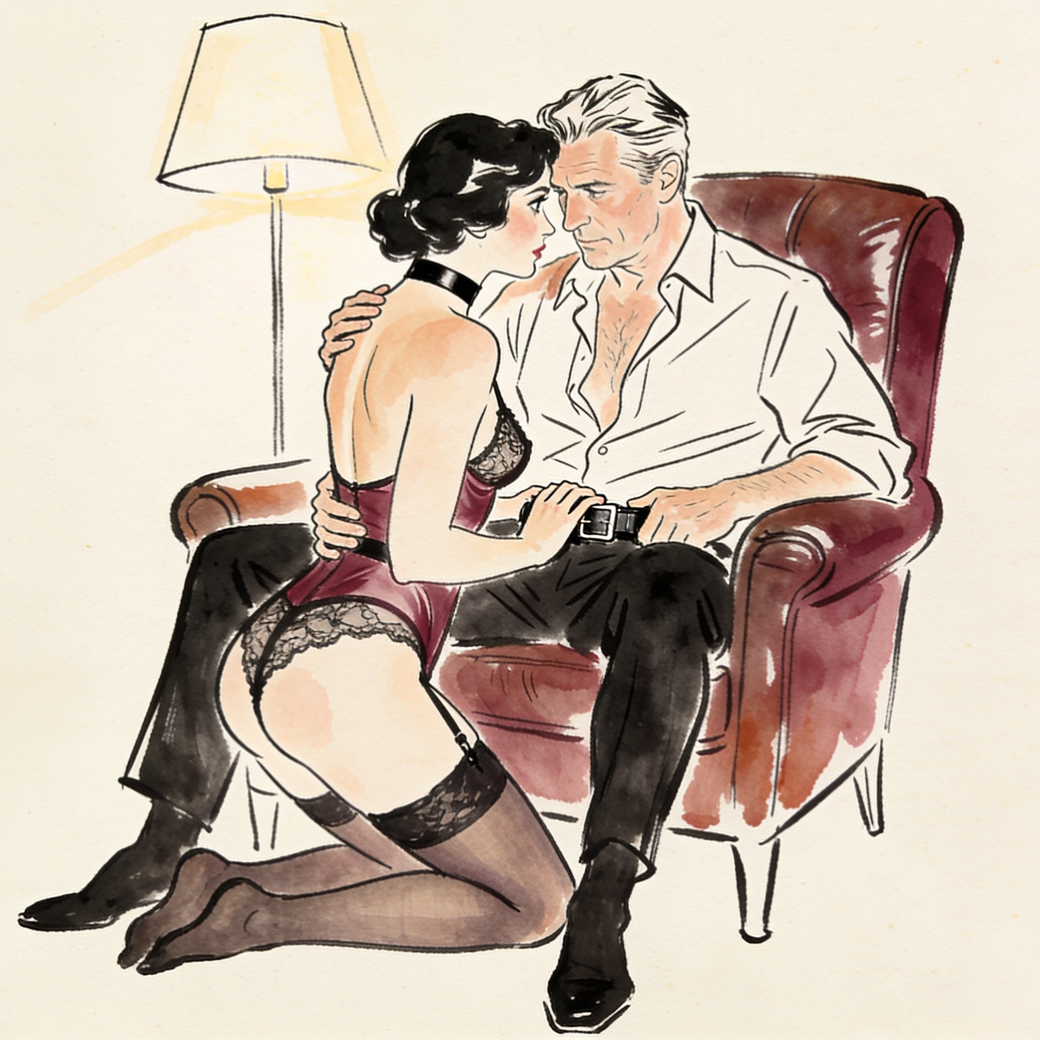 A woman kneeling before a man, touching his belt, intense gaze in dim lamplight.