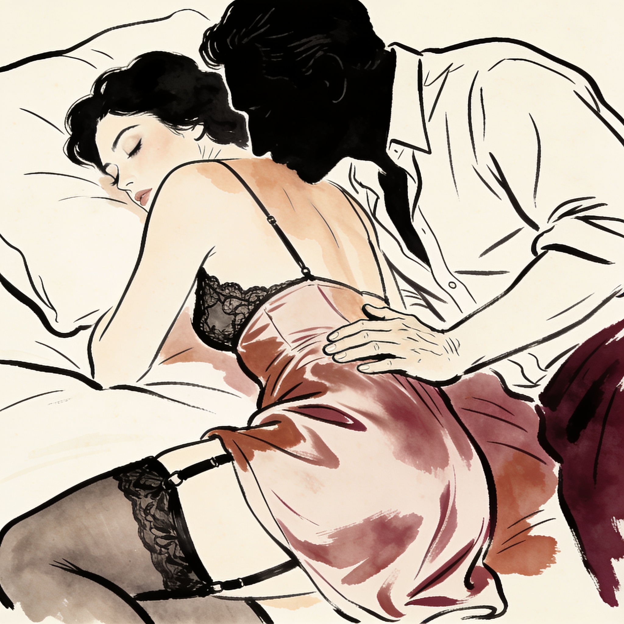 A man kisses a woman's shoulder through her dress on a moonlit bed.
