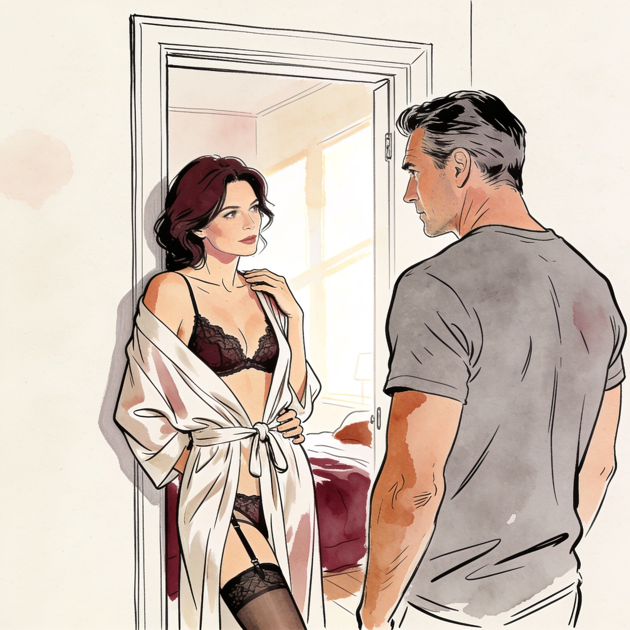 A couple in a sunlit bedroom, a woman in a silk robe facing a man in a t-shirt, locked ...