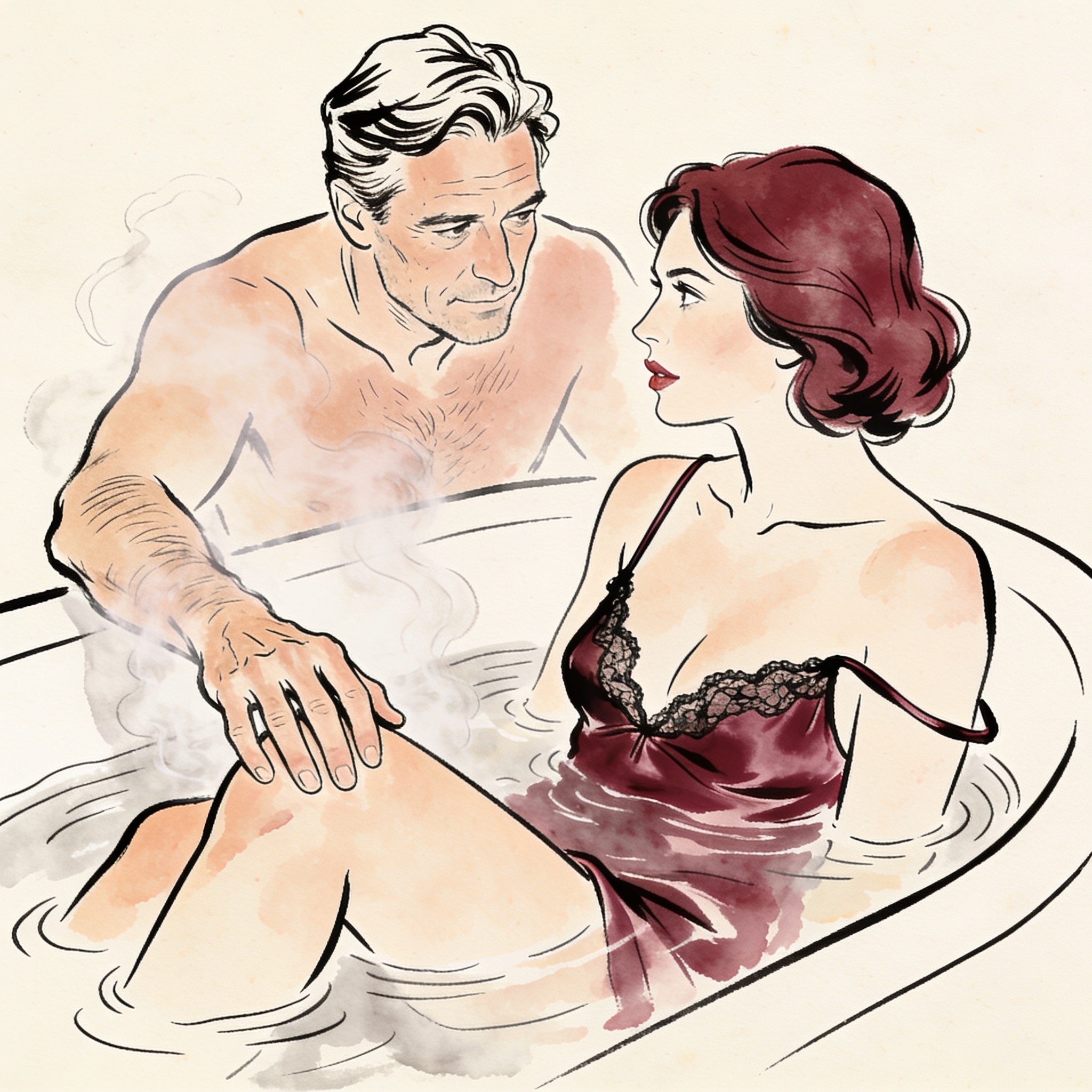 A couple in a hot tub, his hand reaching toward her under the water as they lock eyes.