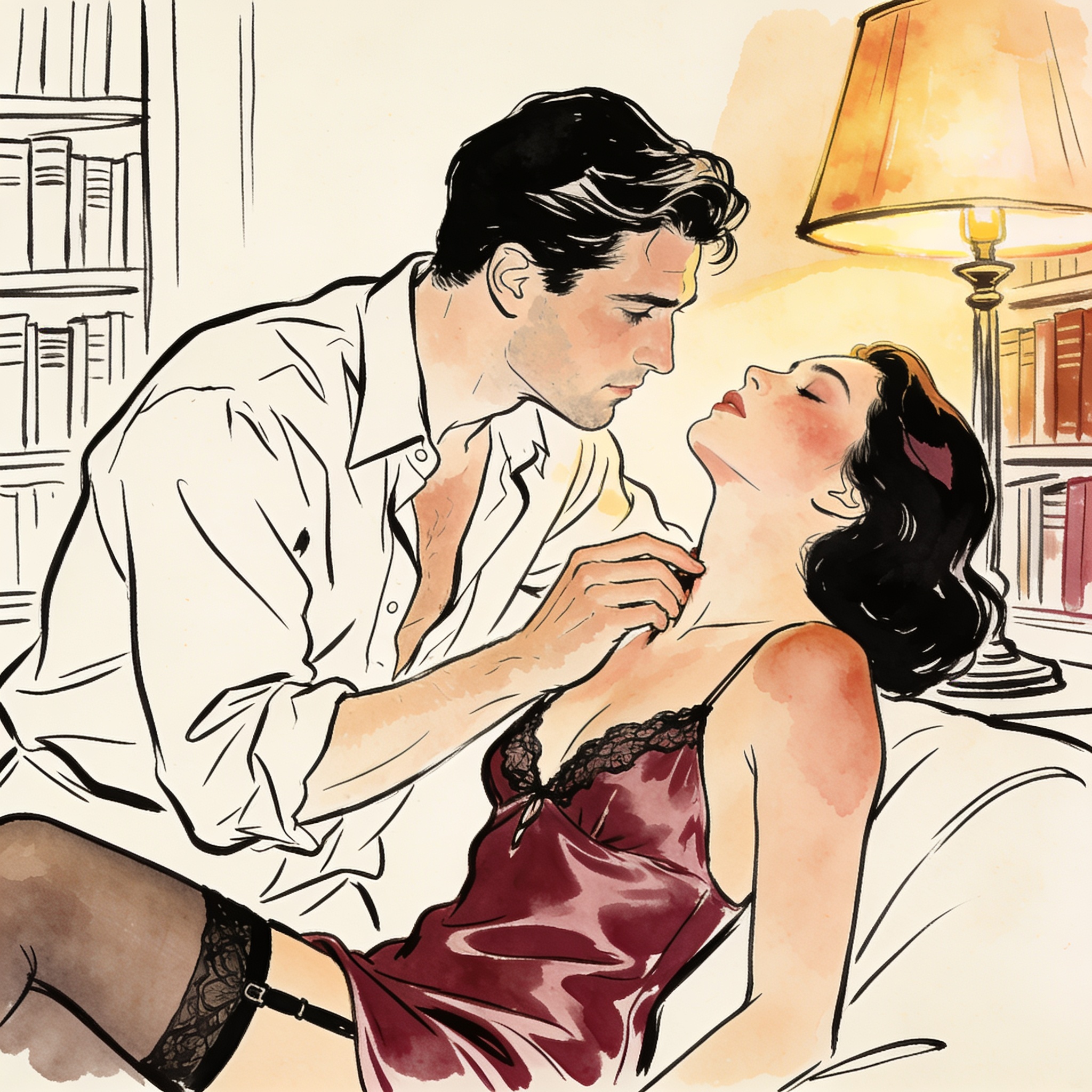 An older man in a shirt studies a blushing woman in a silk slip.