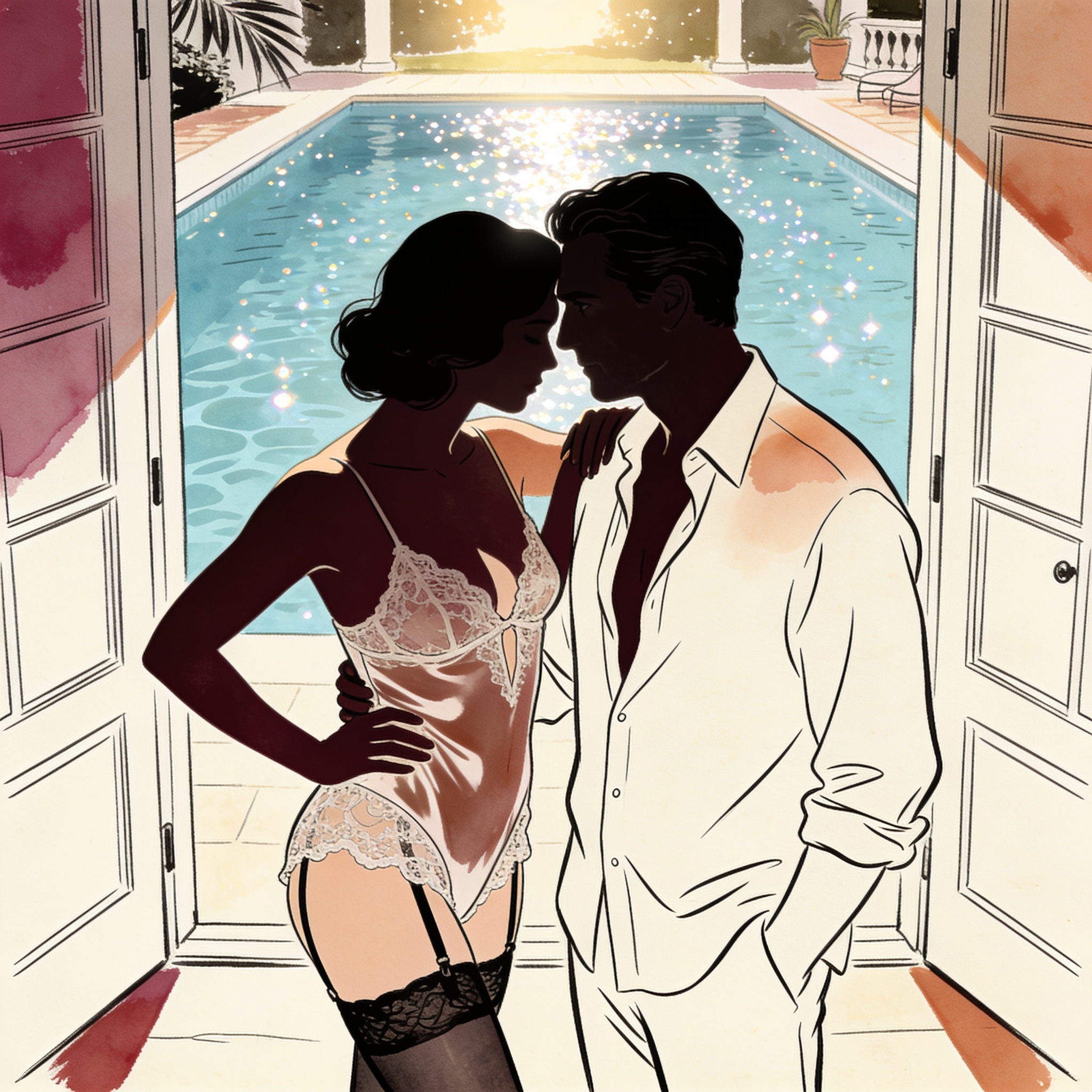 Man watches two women in intimate silhouette at a poolside at dusk.