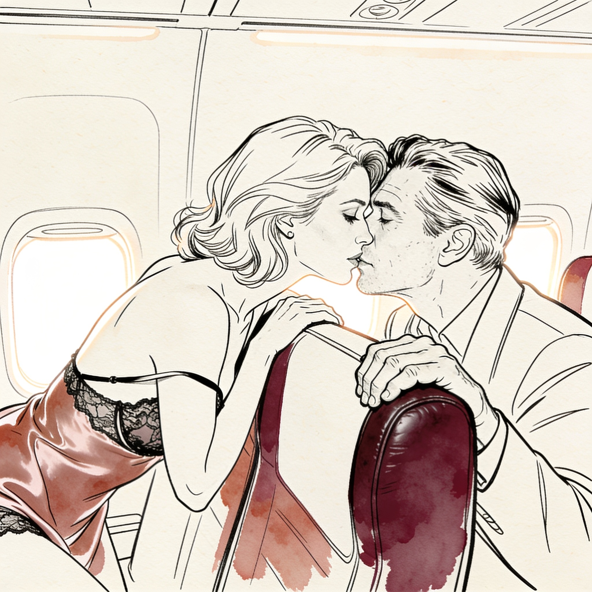 Woman in silk slip leans close to a man in a dim airplane cabin, foreheads touching, de...