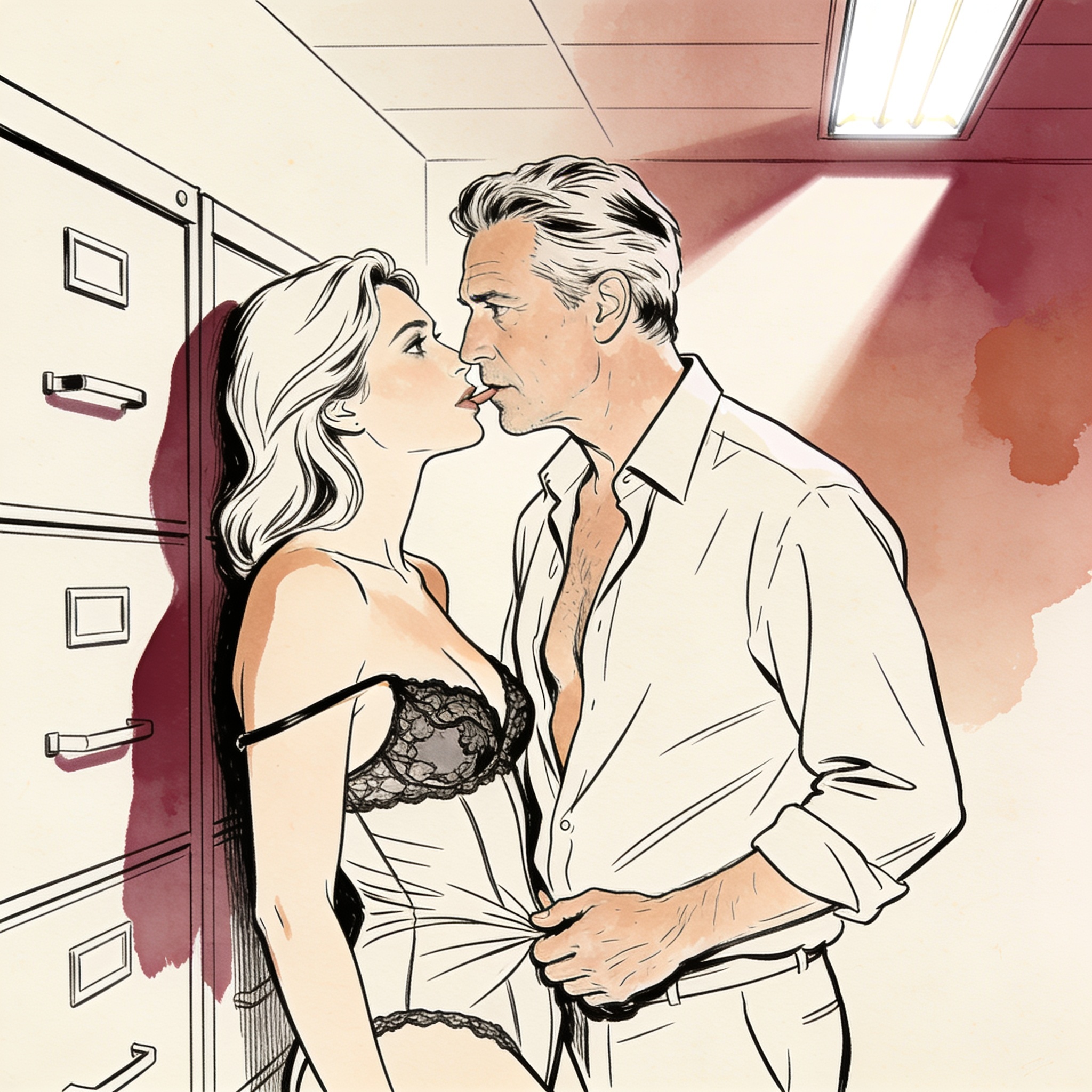 A man and a woman share a tense, intimate gaze in a modern office.