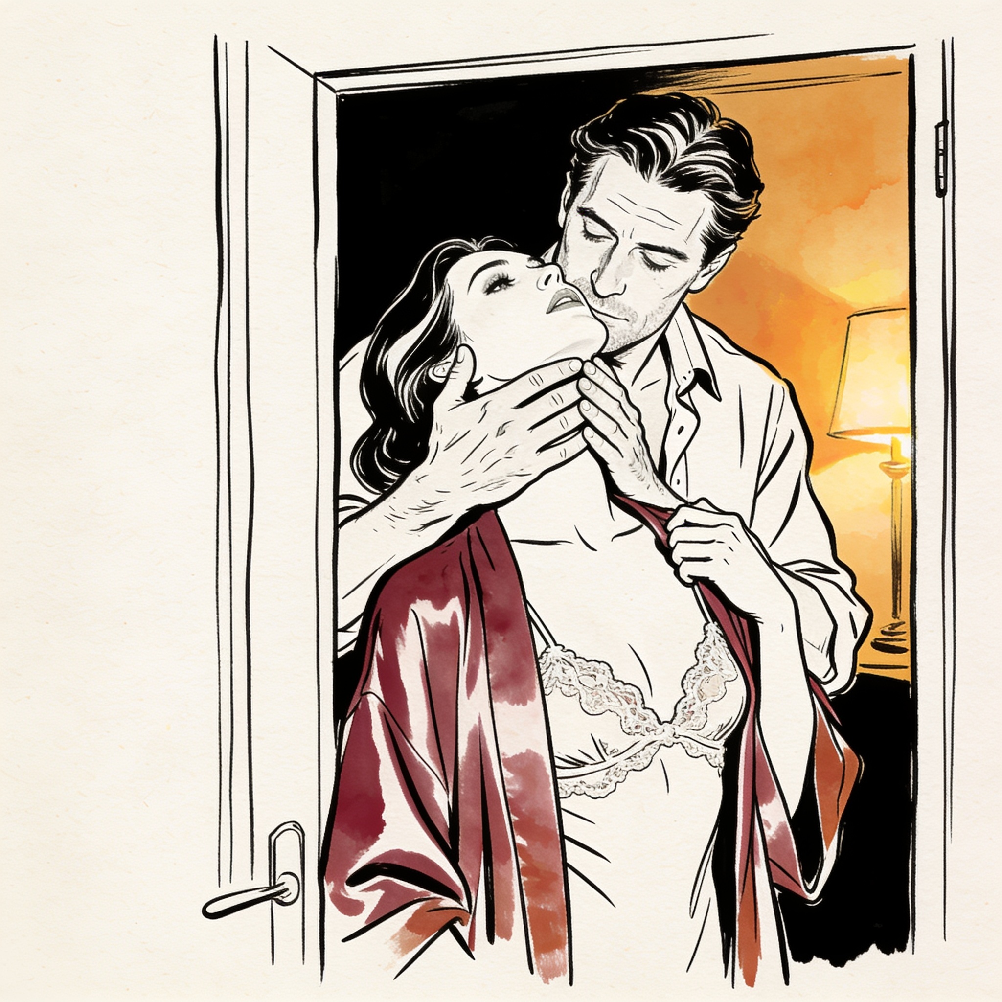 A man cradles a woman's face as she leans into his chest in a dim room.