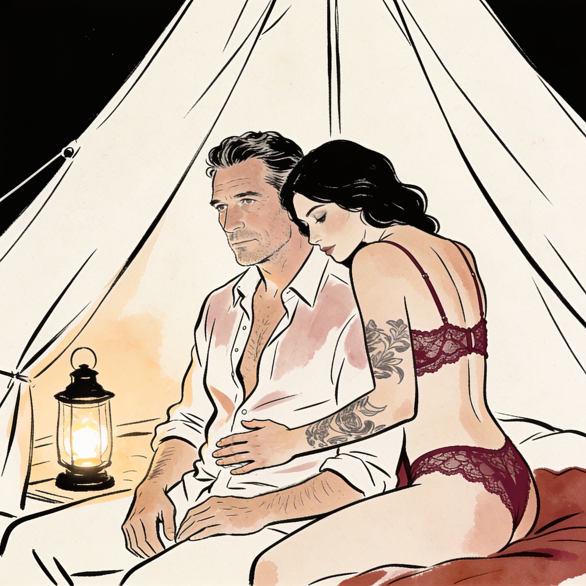 A woman in lace lingerie embraces a man in an unbuttoned shirt inside a lantern-lit tent.