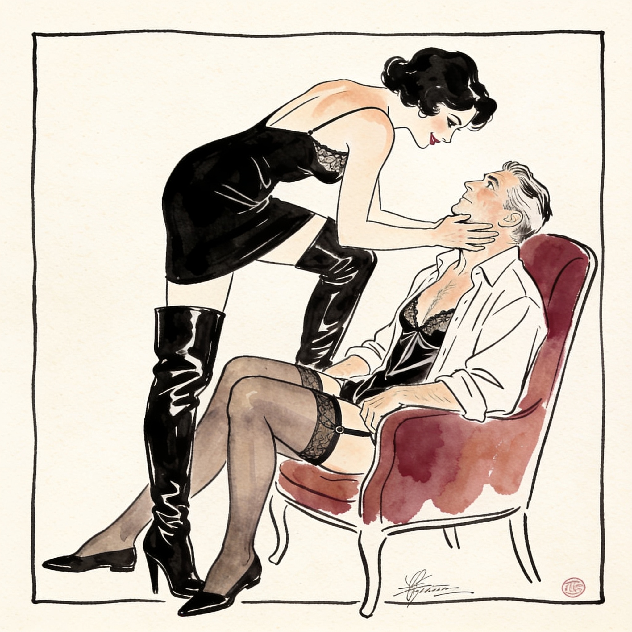A woman in a black dress and boots dominates a man looking up at her from a chair.