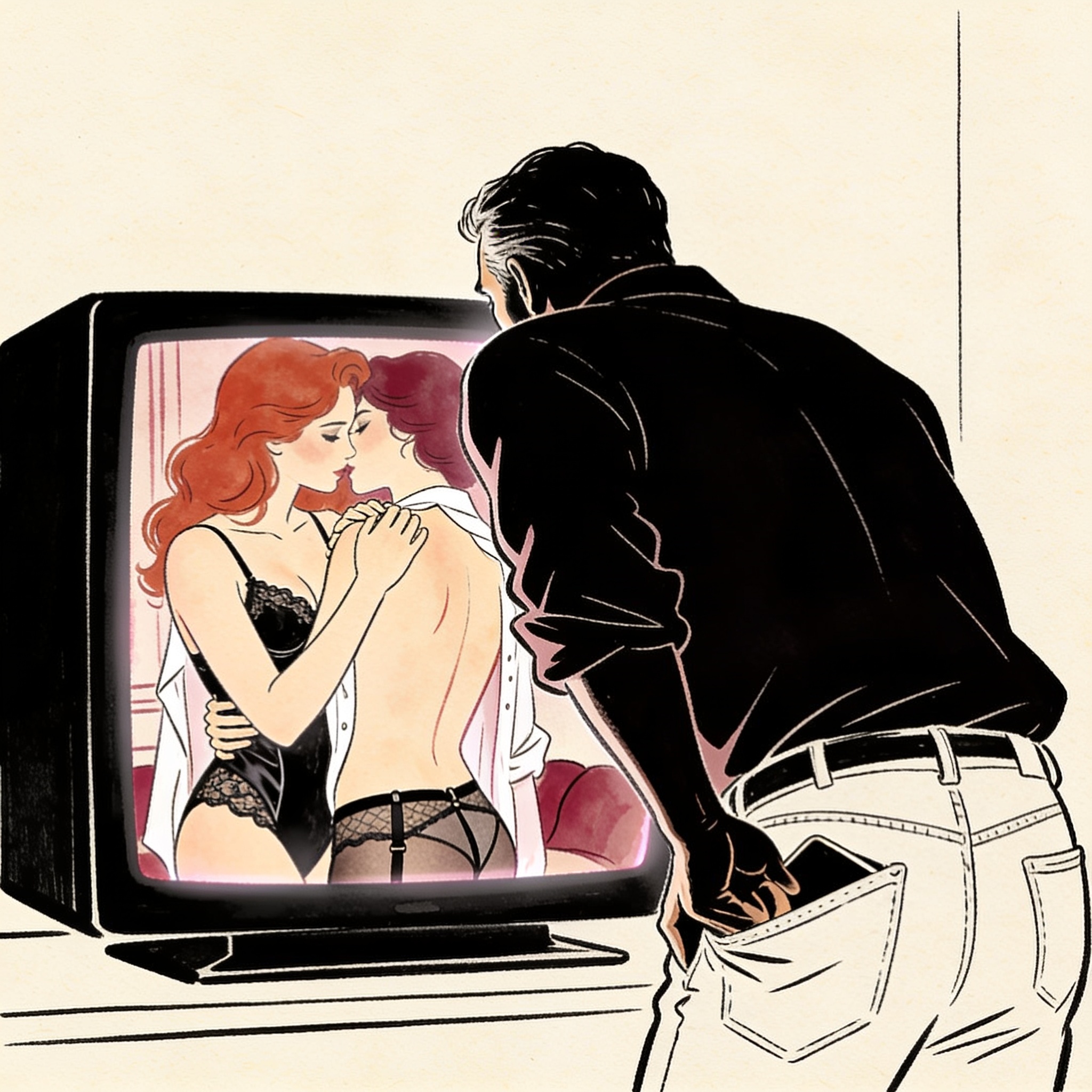 A man watches two women in lingerie embrace on a screen in a dark room.