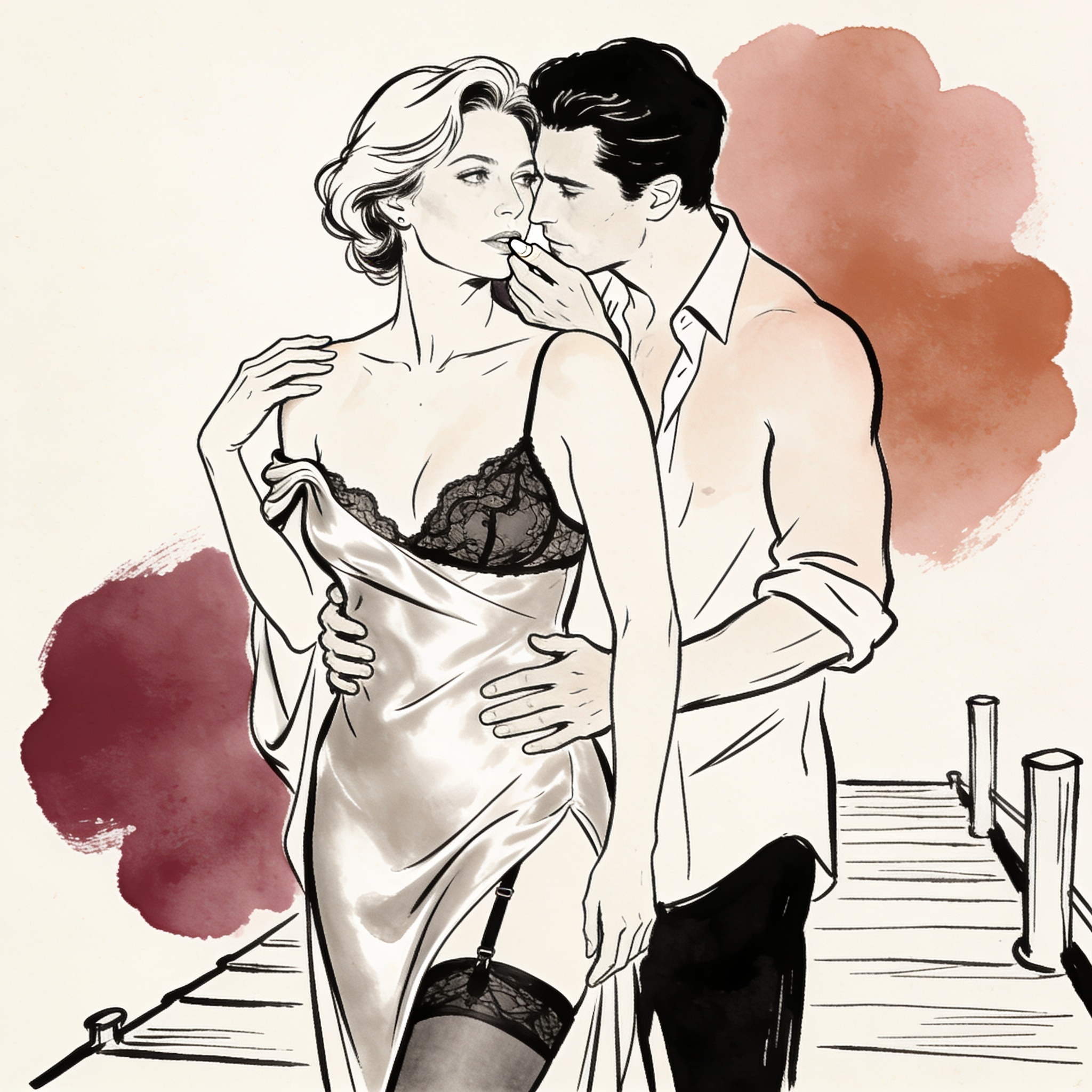 A woman between two men on a dock, intimate gaze and touch, silk slip strap down.