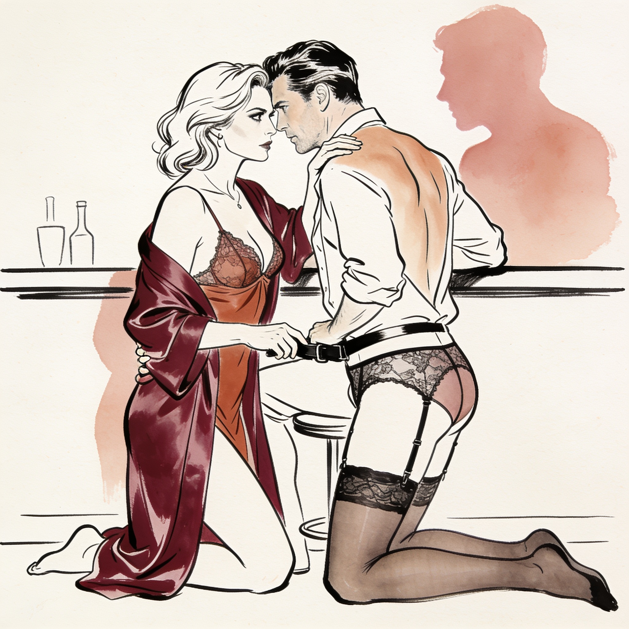 A woman in a silk robe kneels, her gaze challenging a spectator across a penthouse.