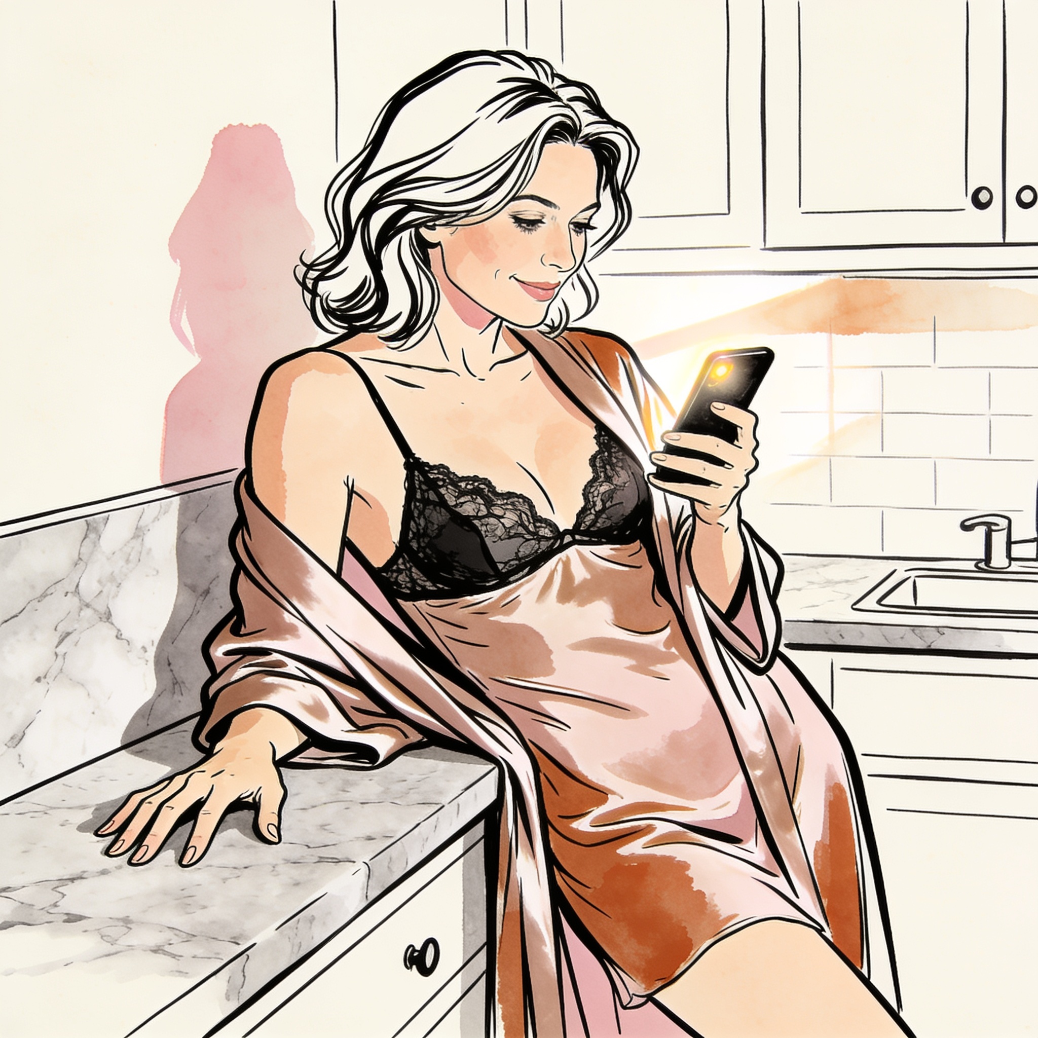 A woman in a silk robe smiles at her phone, leaning on a kitchen counter.