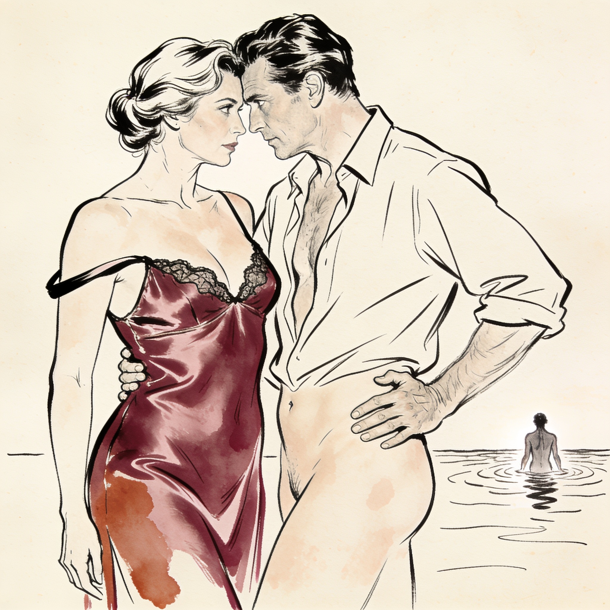 A couple in intimate clothing, bodies close, sharing a longing gaze towards the sea.