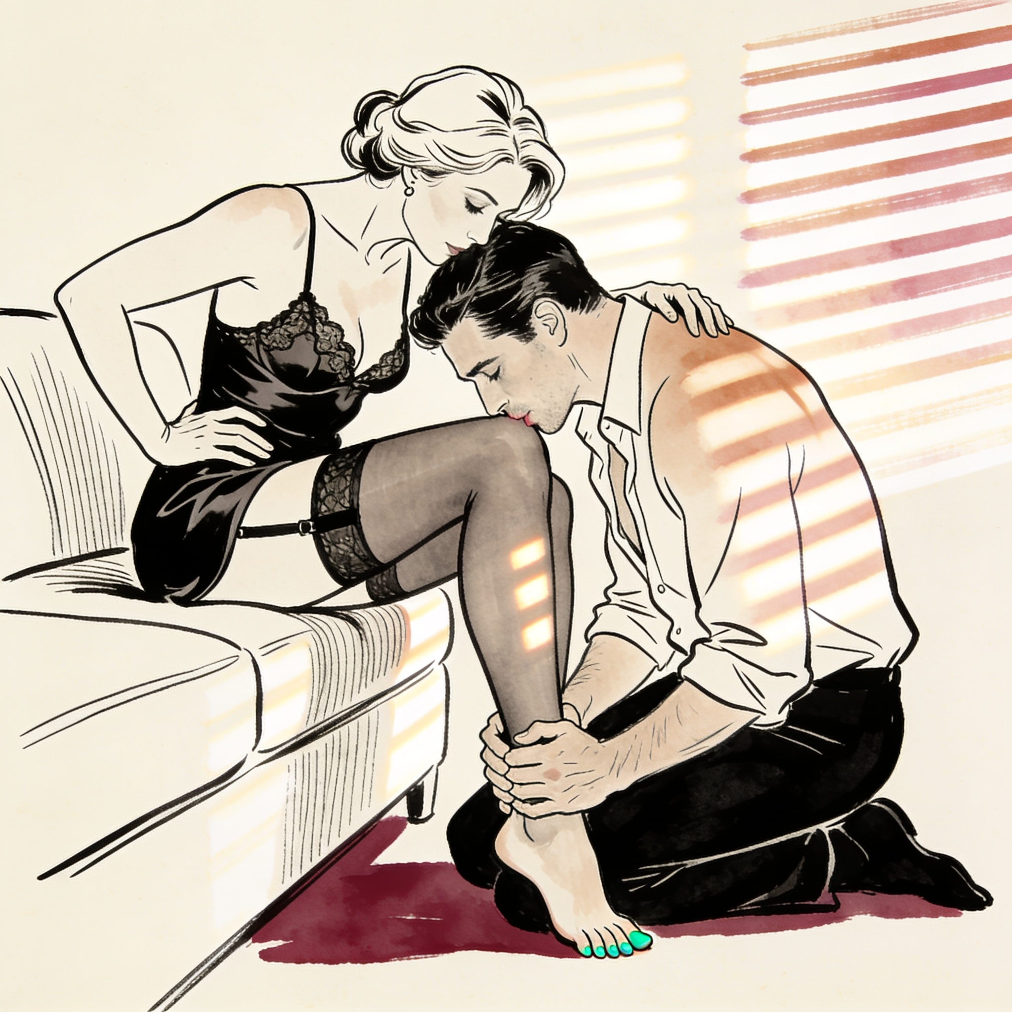 Man kneeling, holding a woman's foot, admiring her painted toenails in sunlit room.