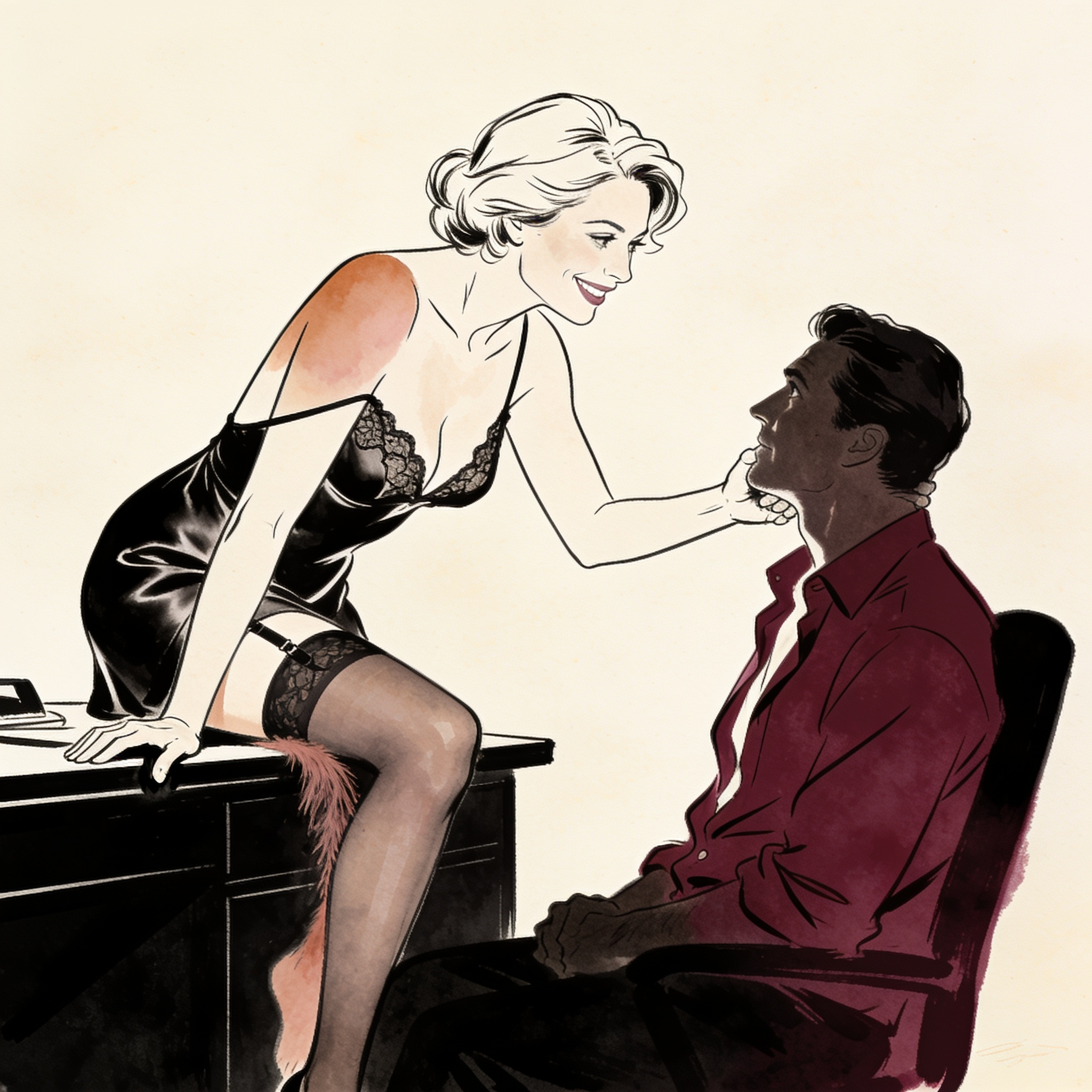 Woman in slip leans intimately toward a man in a dim office.