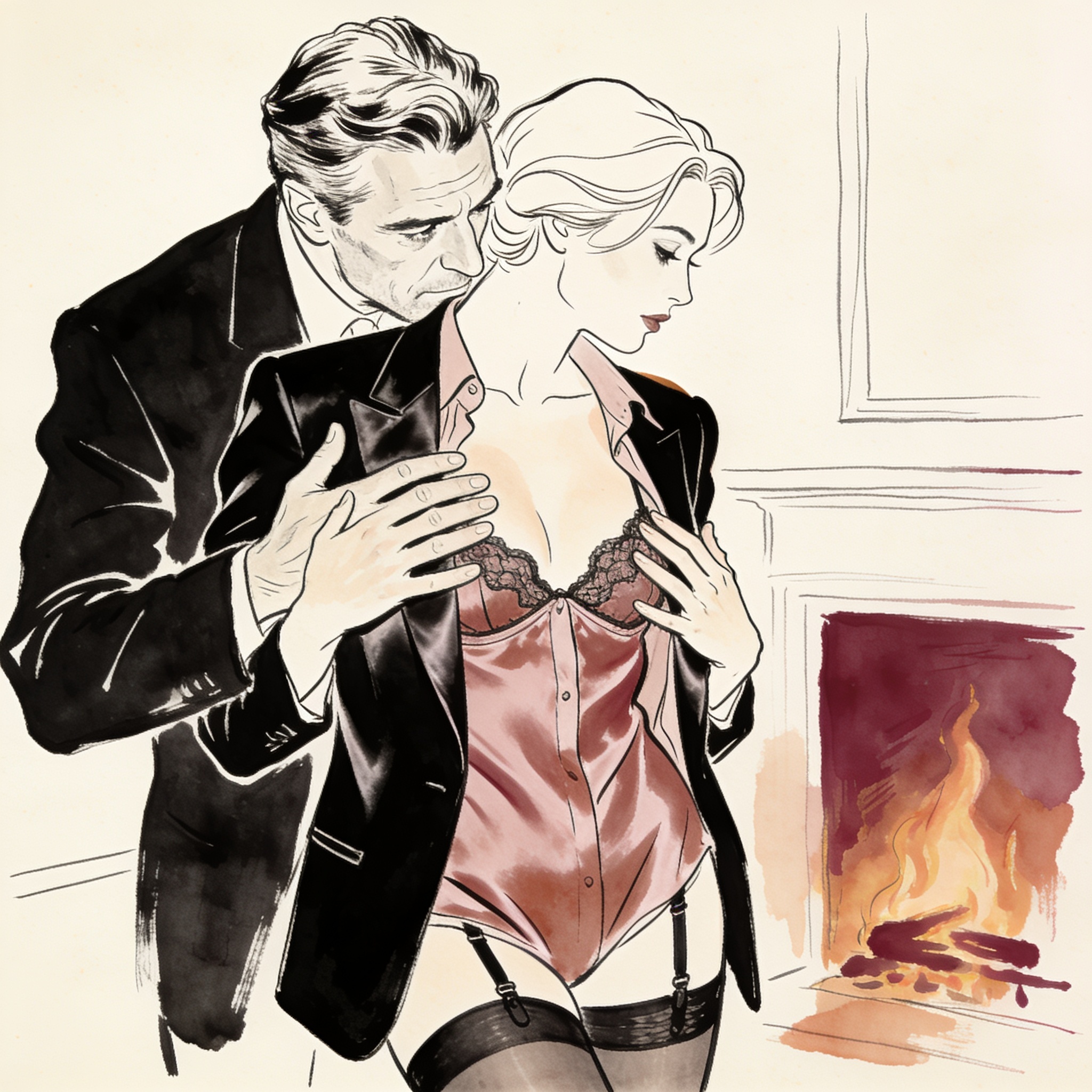 A man's strong hand guides a woman's to unbutton her business blazer.